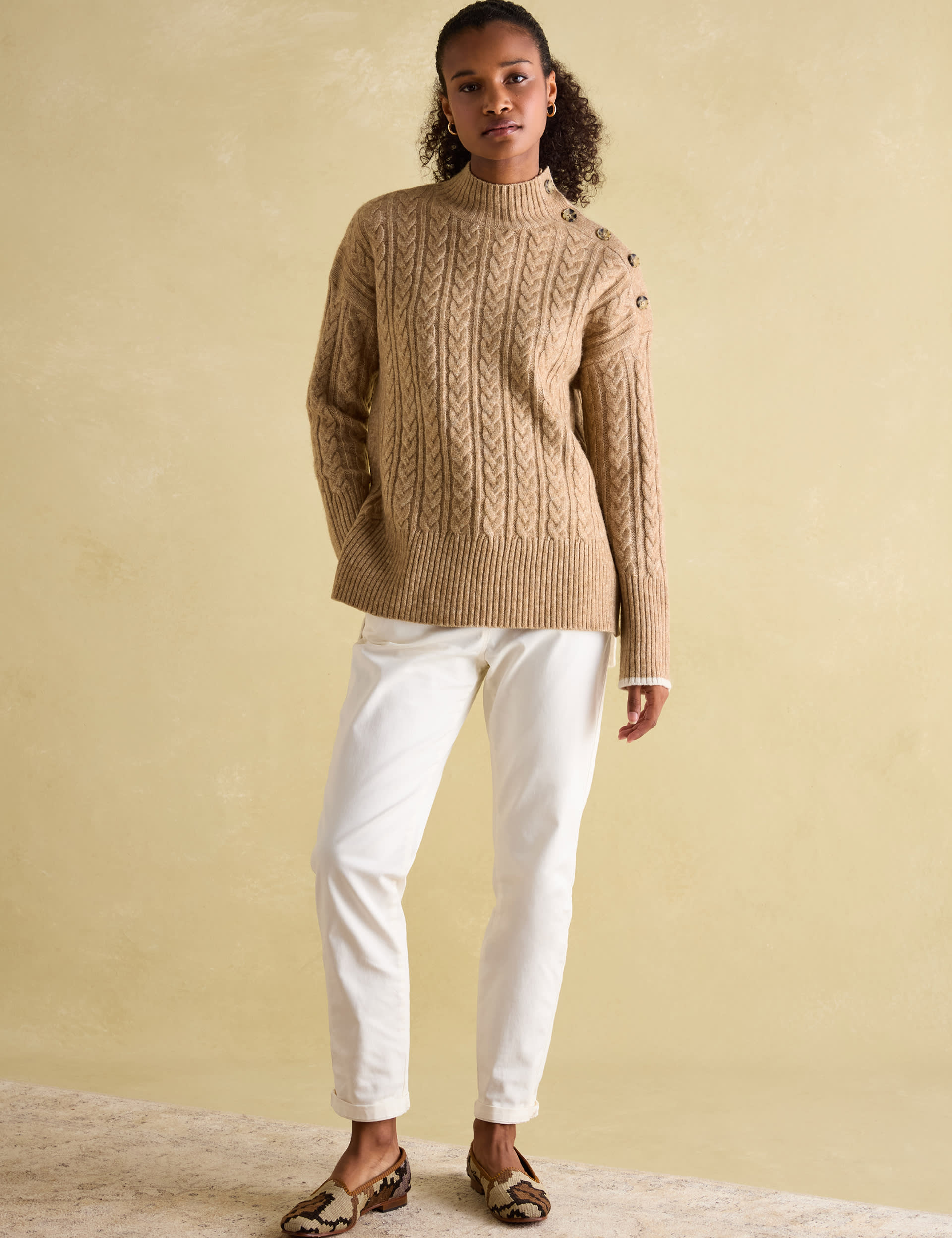 Joules Women's Cable Knit High Neck Jumper with Wool - 8 - Camel, Camel