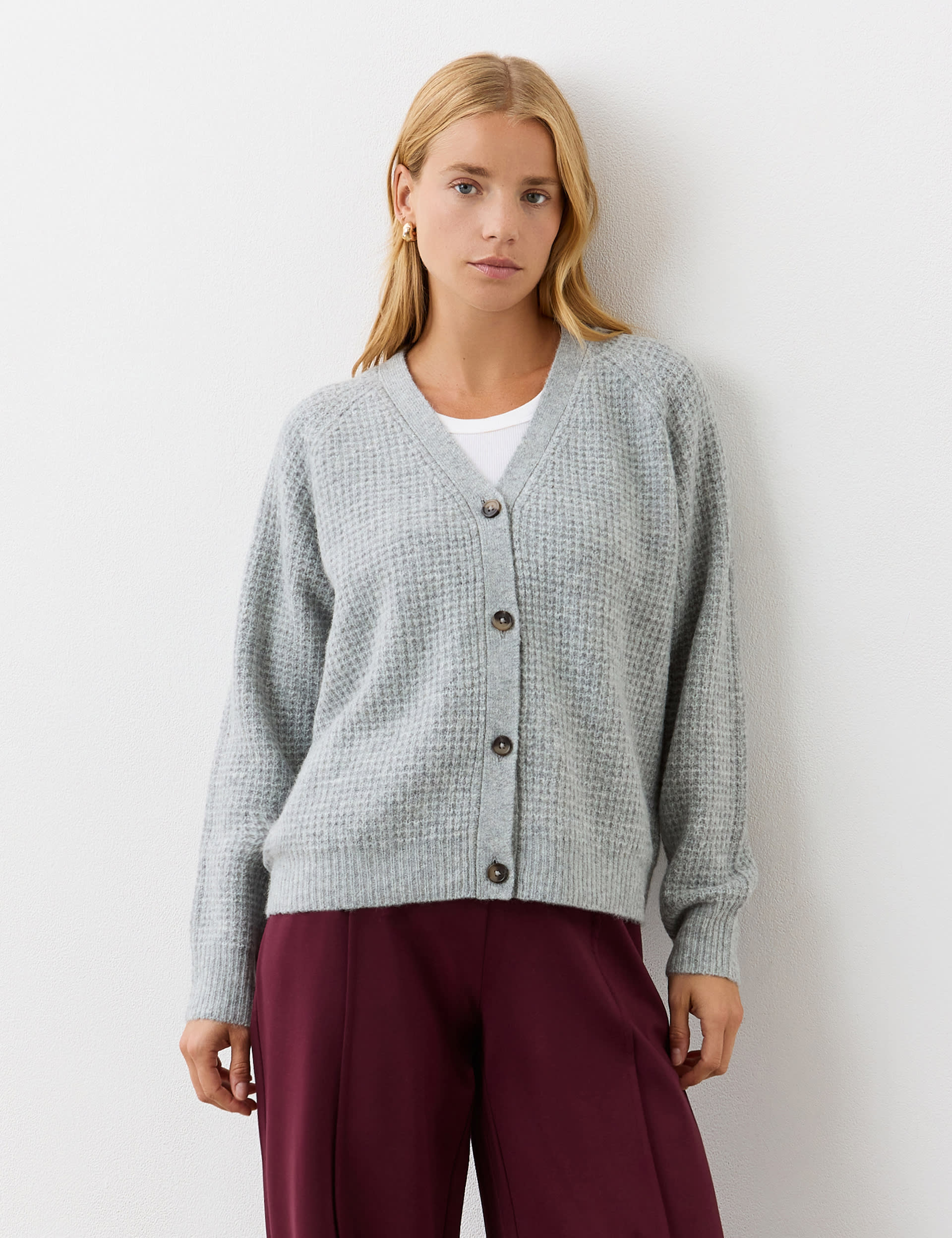 Finery London Women's Wool Blend Textured Cardigan - 14 - Grey, Grey,Black,Blue