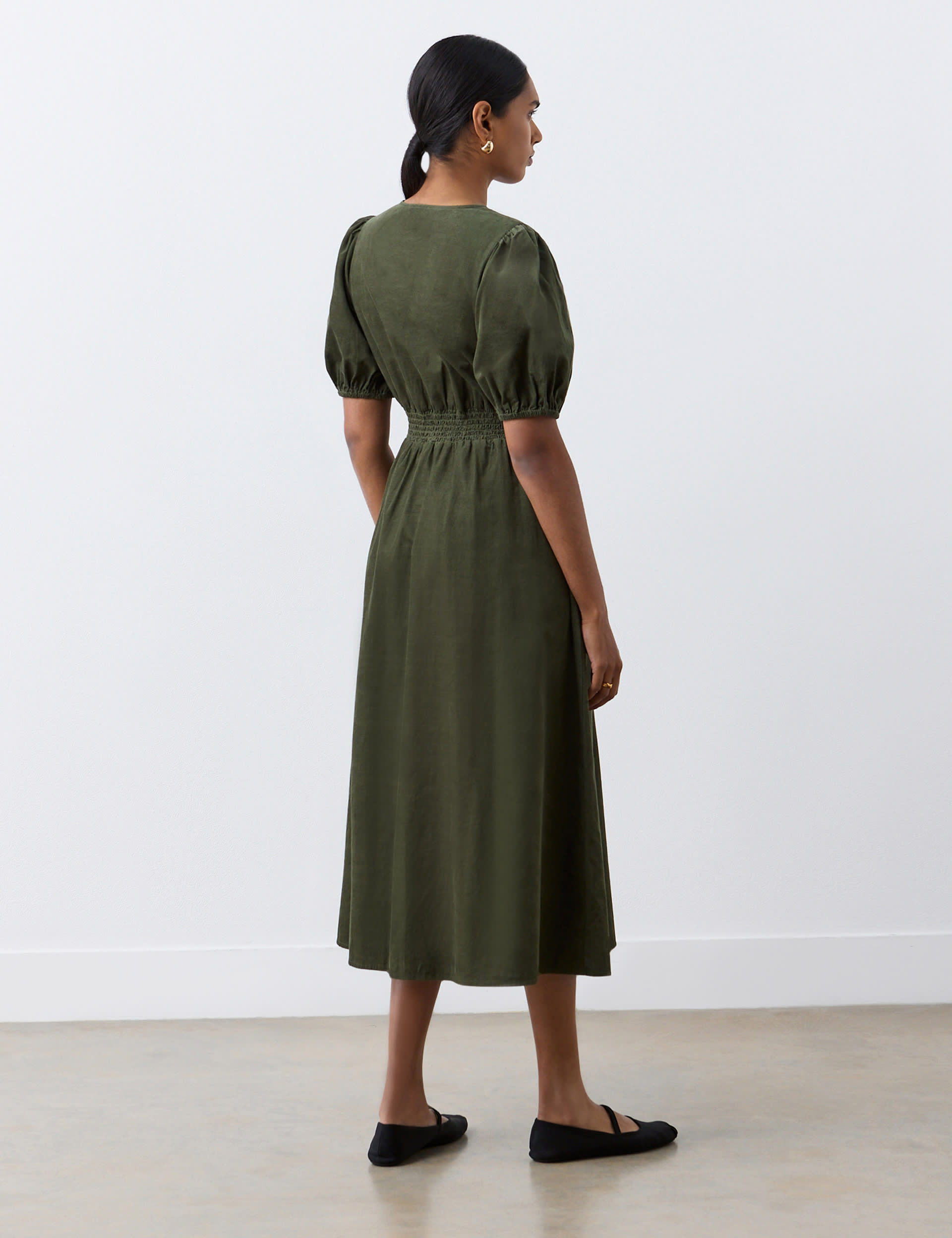 Finery London Women's Corduroy V-Neck Midi Tea Dress - 12 - Green, Navy,Green,Burgundy