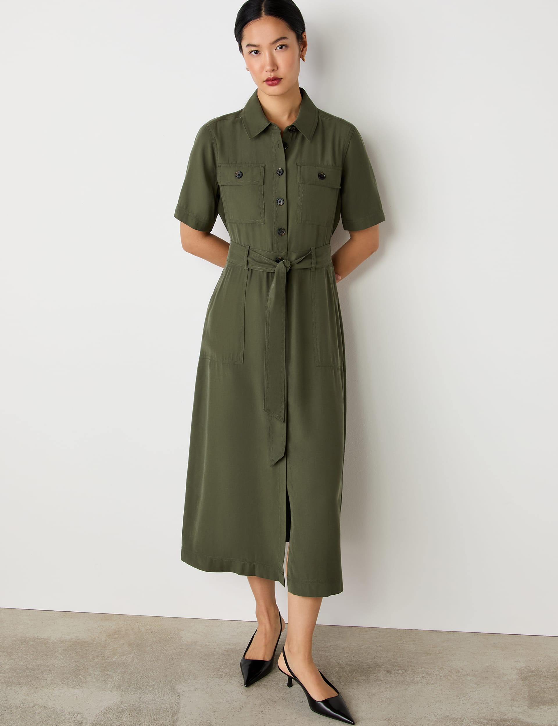 Finery London Women's Midi Shirt Dress - 14 - Green, Natural,Navy,Green