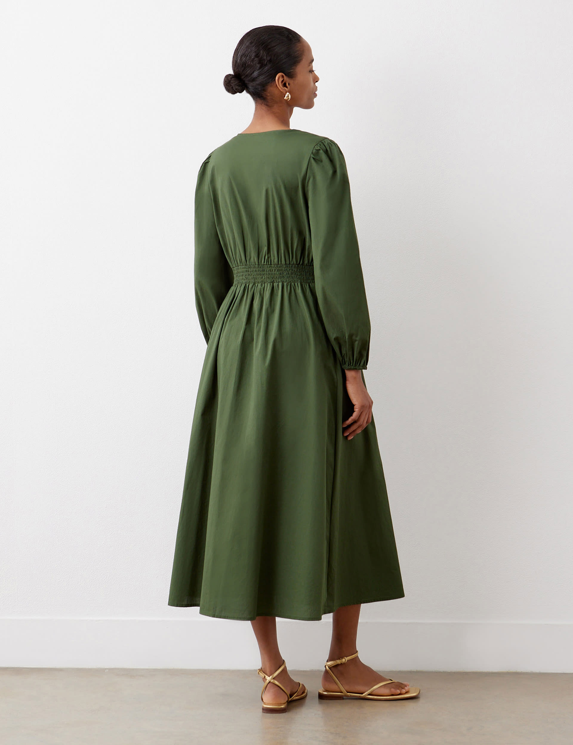 Finery London Women's Pure Cotton V-Neck Midi Tea Dress - 12 - Green, Green