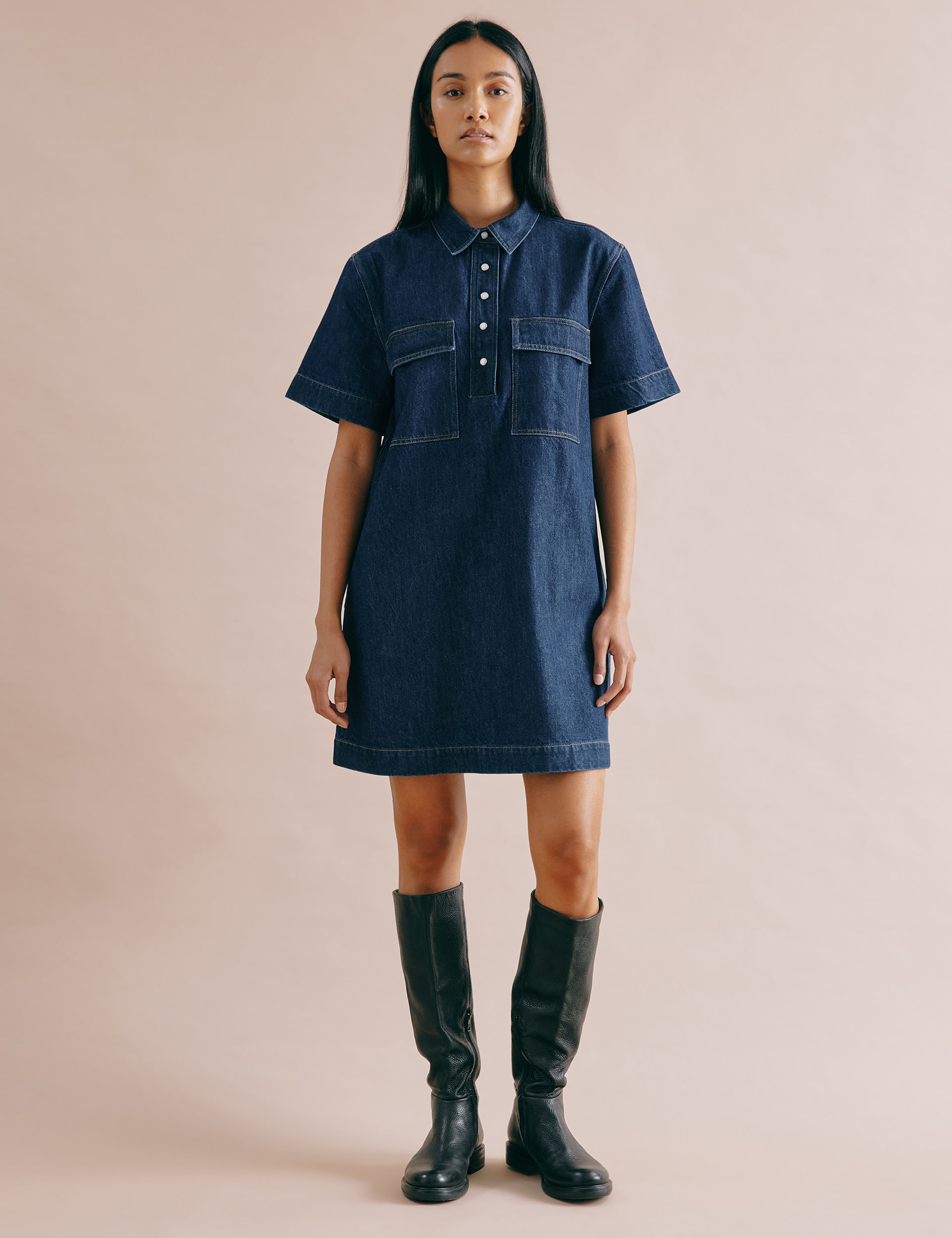 Albaray Women's Denim Mini Shift Shirt Dress - 12 - Dark Blue Denim, Dark Blue Denim