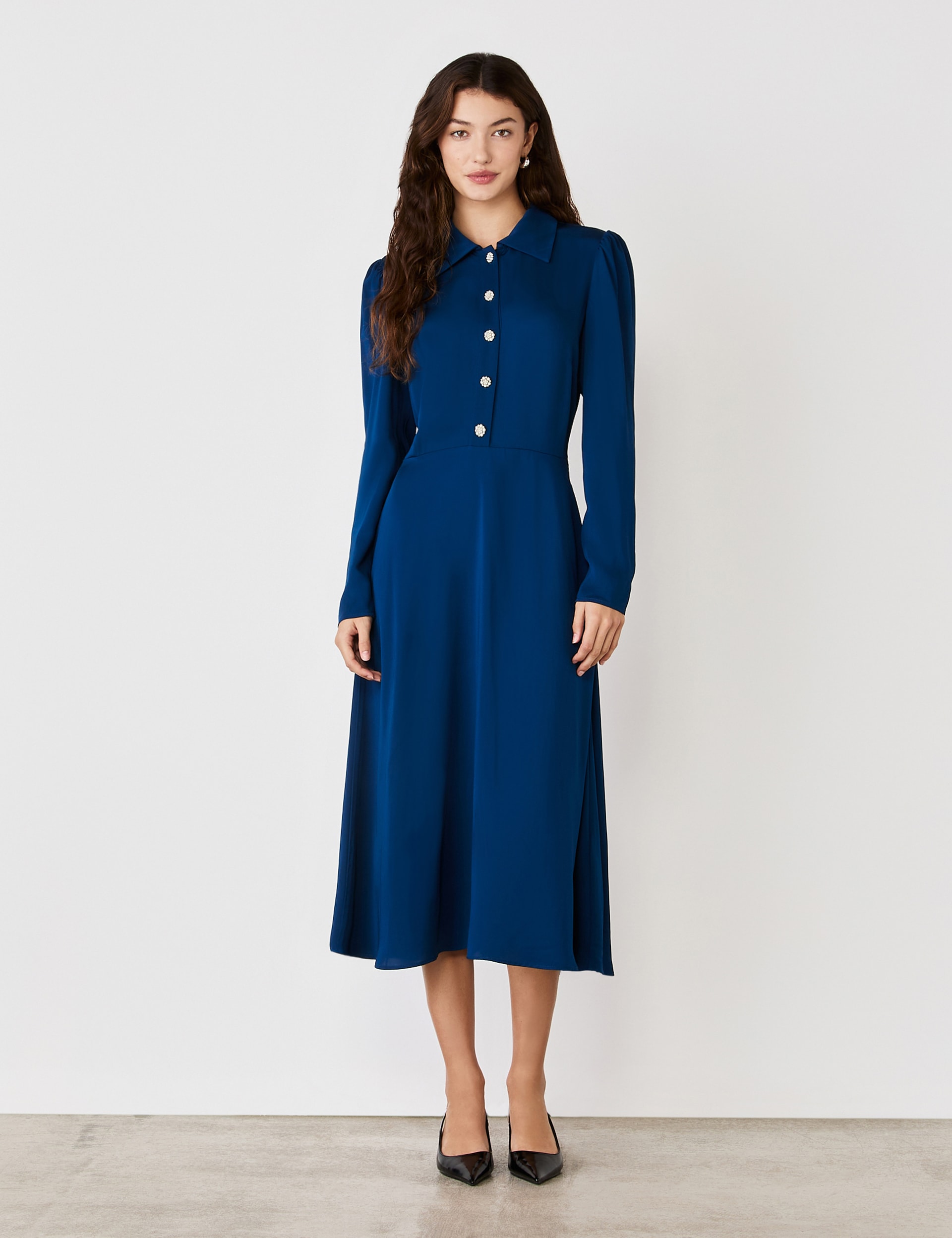 Finery London Women's Crepe Satin Midi Skater Dress - 16 - Navy, Navy