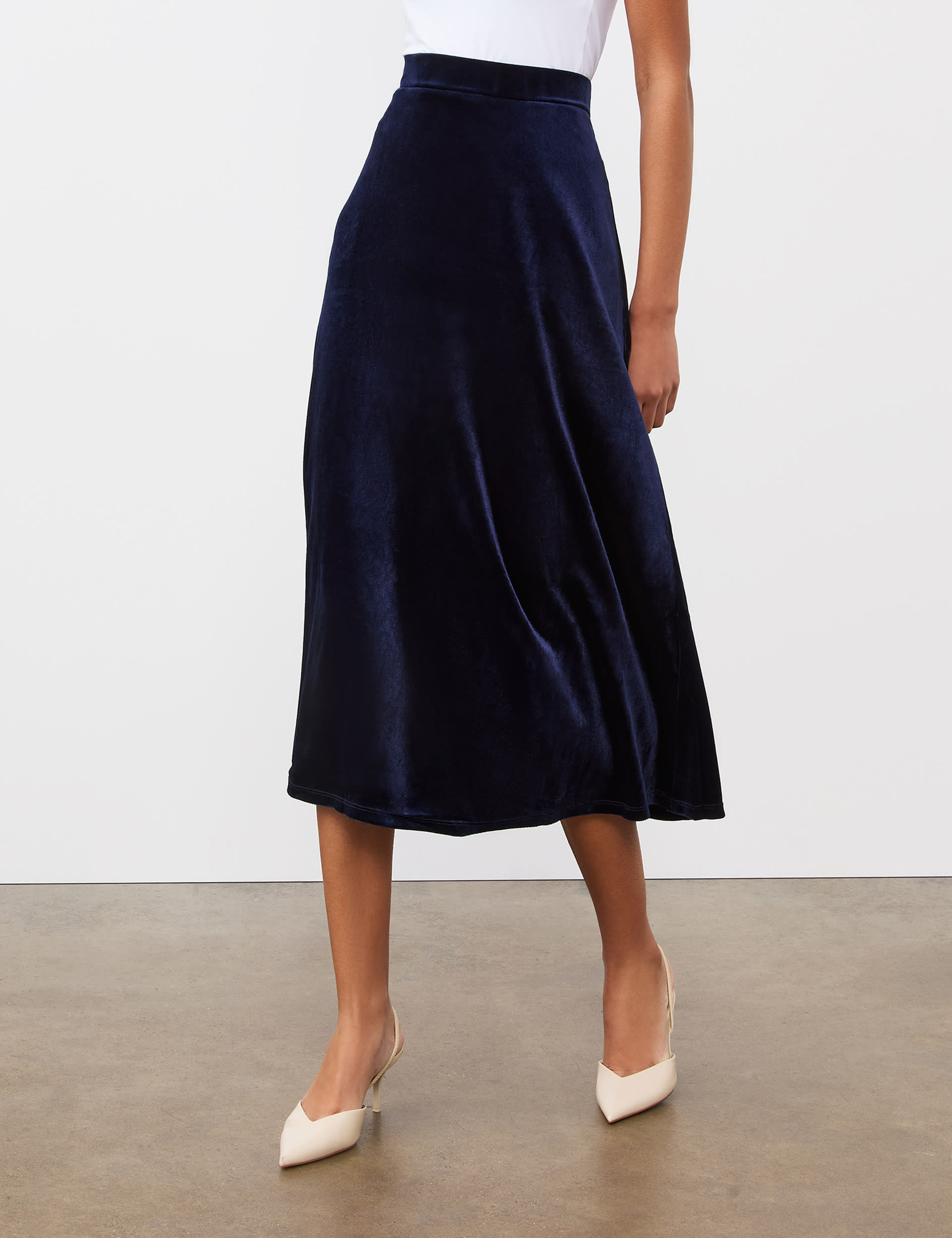 Finery London Women's Velvet Midi A-Line Skirt - 12 - Navy, Navy,Black