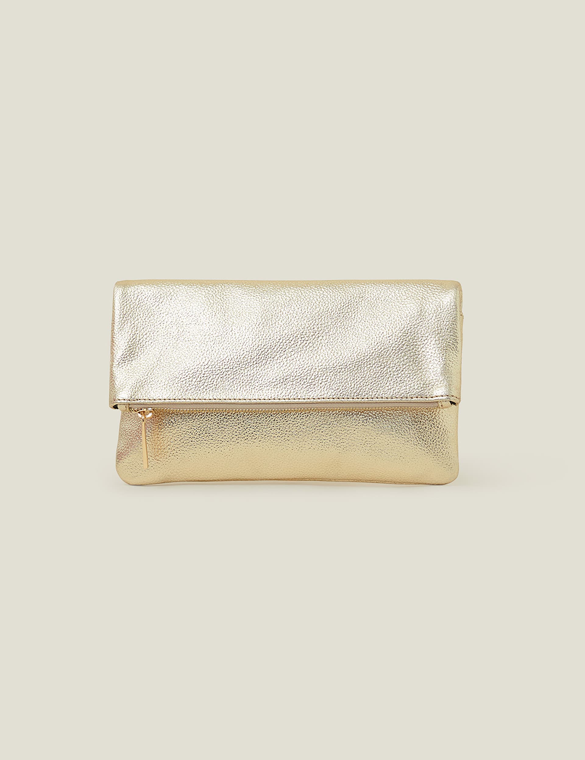 Accessorize Women's Leather Metallic Fold Over Clutch Bag - Gold, Gold