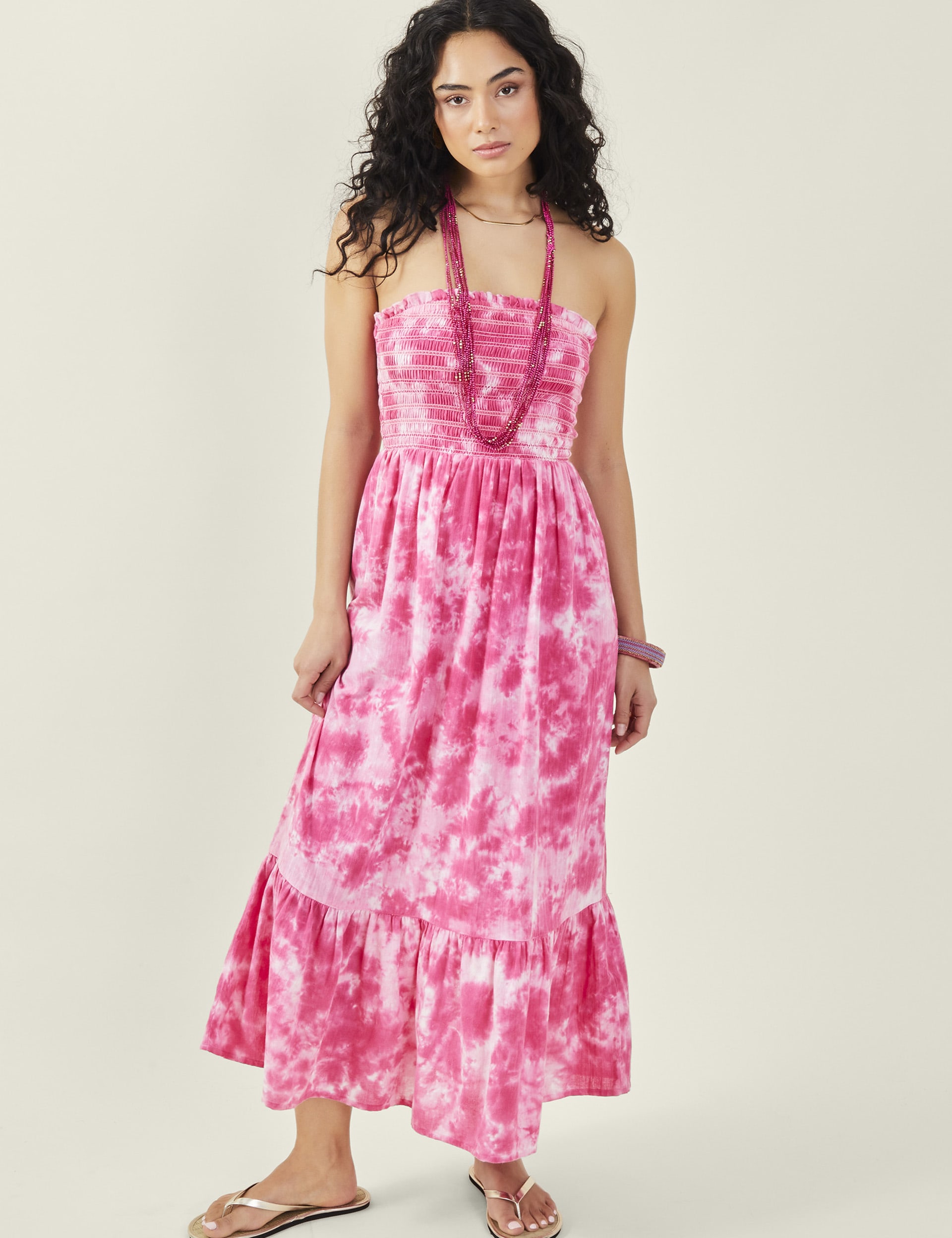 Accessorize Women's Pure Cotton Tie Dye Bandeau Maxi Dress - Pink, Pink