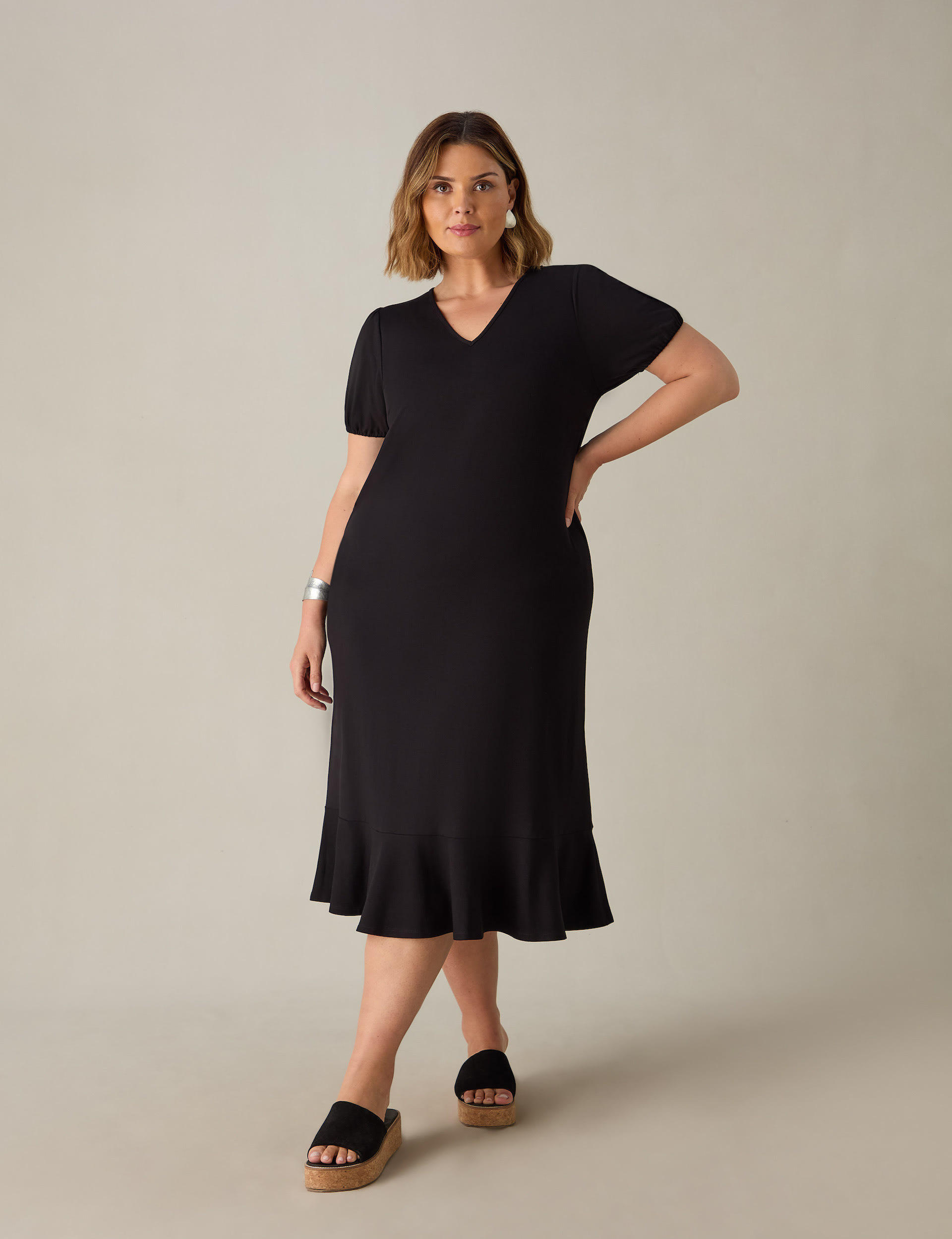 Live Unlimited London Women's Jersey V-Neck Midi Swing Dress - 26 - Black, Black