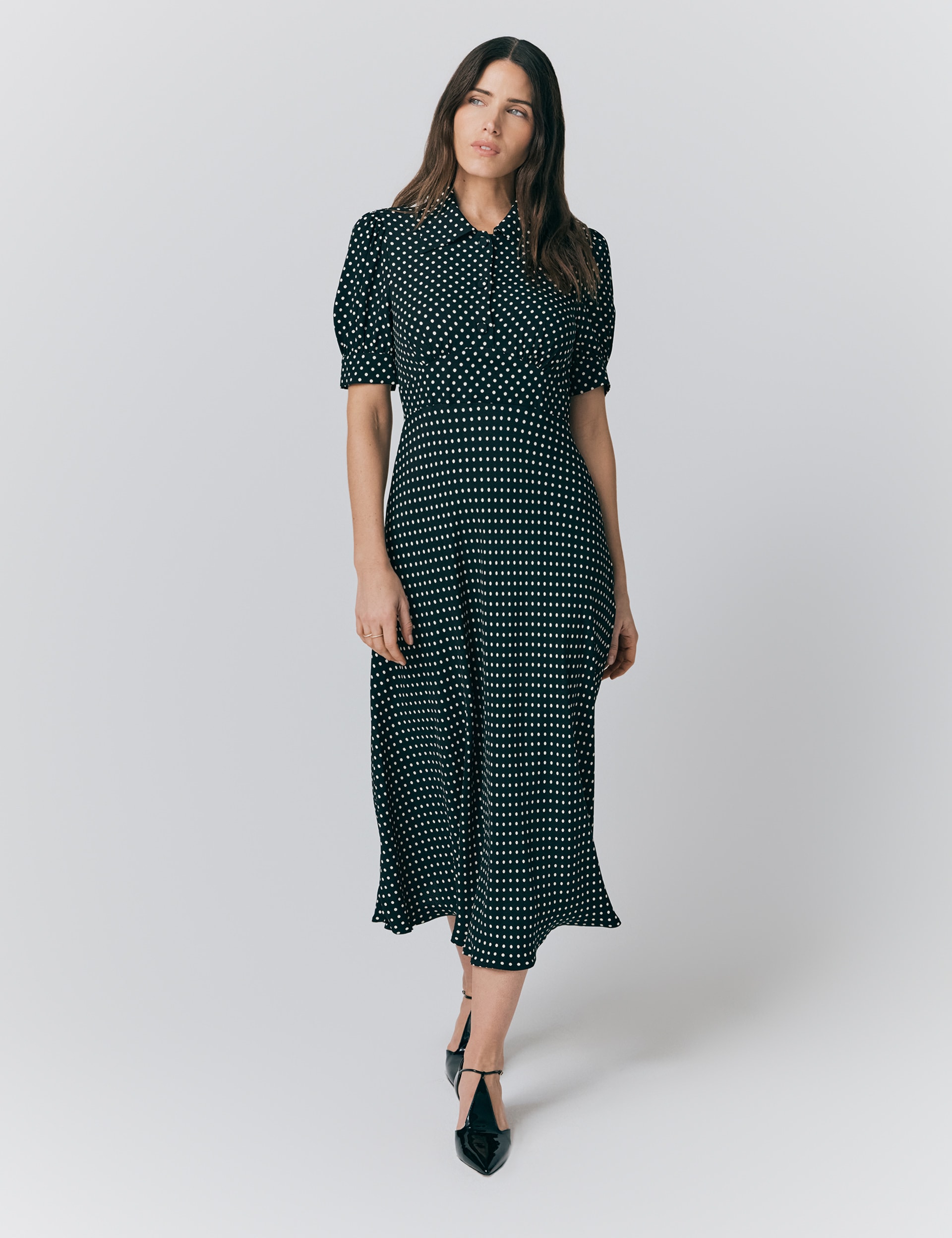 Ghost Women's Crepe Polka Dot Midi Tea Dress - Black Mix, Black Mix