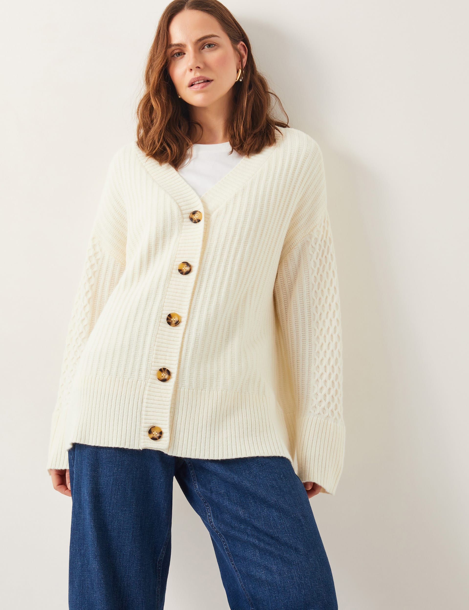 Monsoon Women's Textured V-Neck Cardigan with Wool - M - Ivory, Ivory