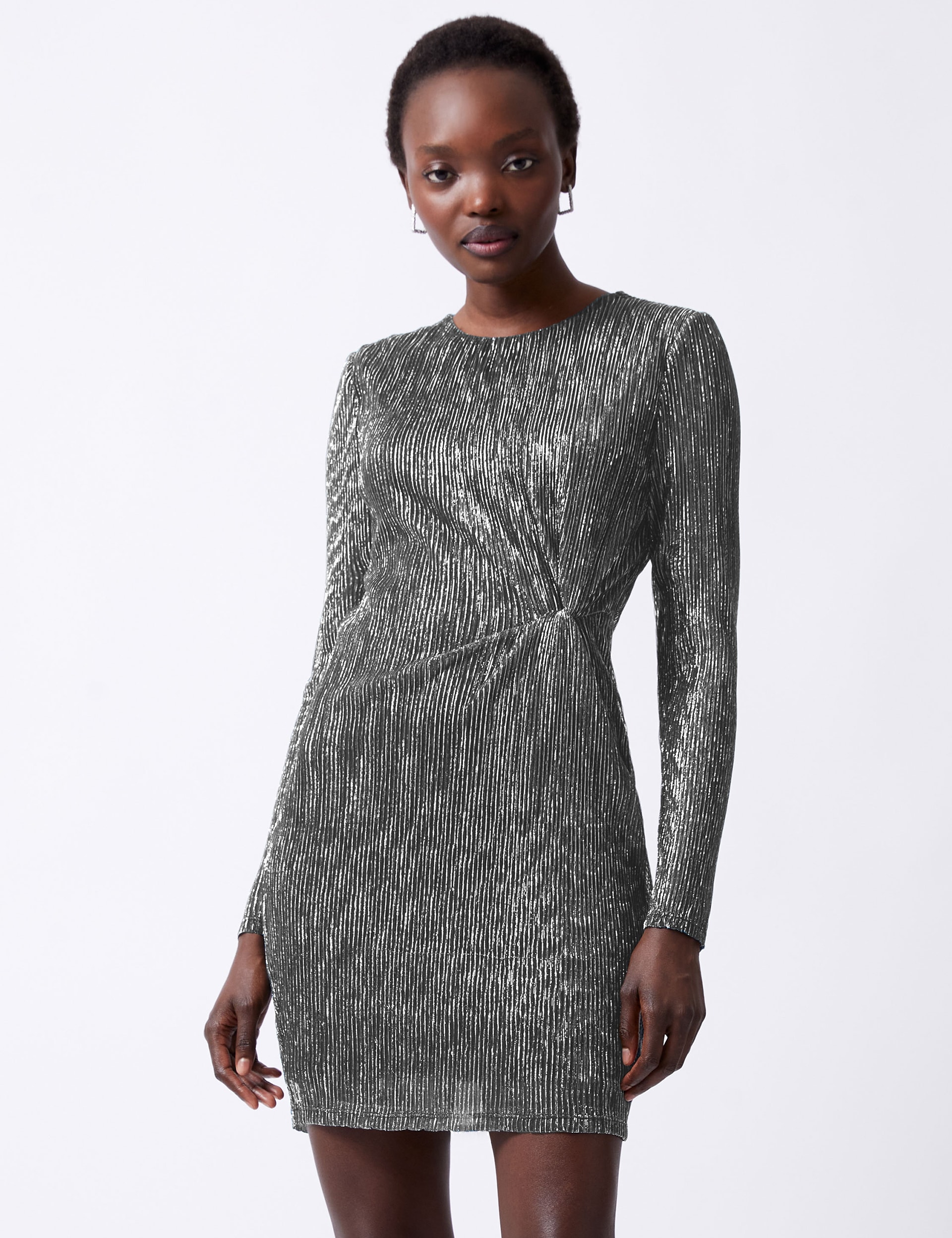 French Connection Women's Plisse Sparkly Round Neck Mini Bodycon Dress - Silver Mix, Silver Mix