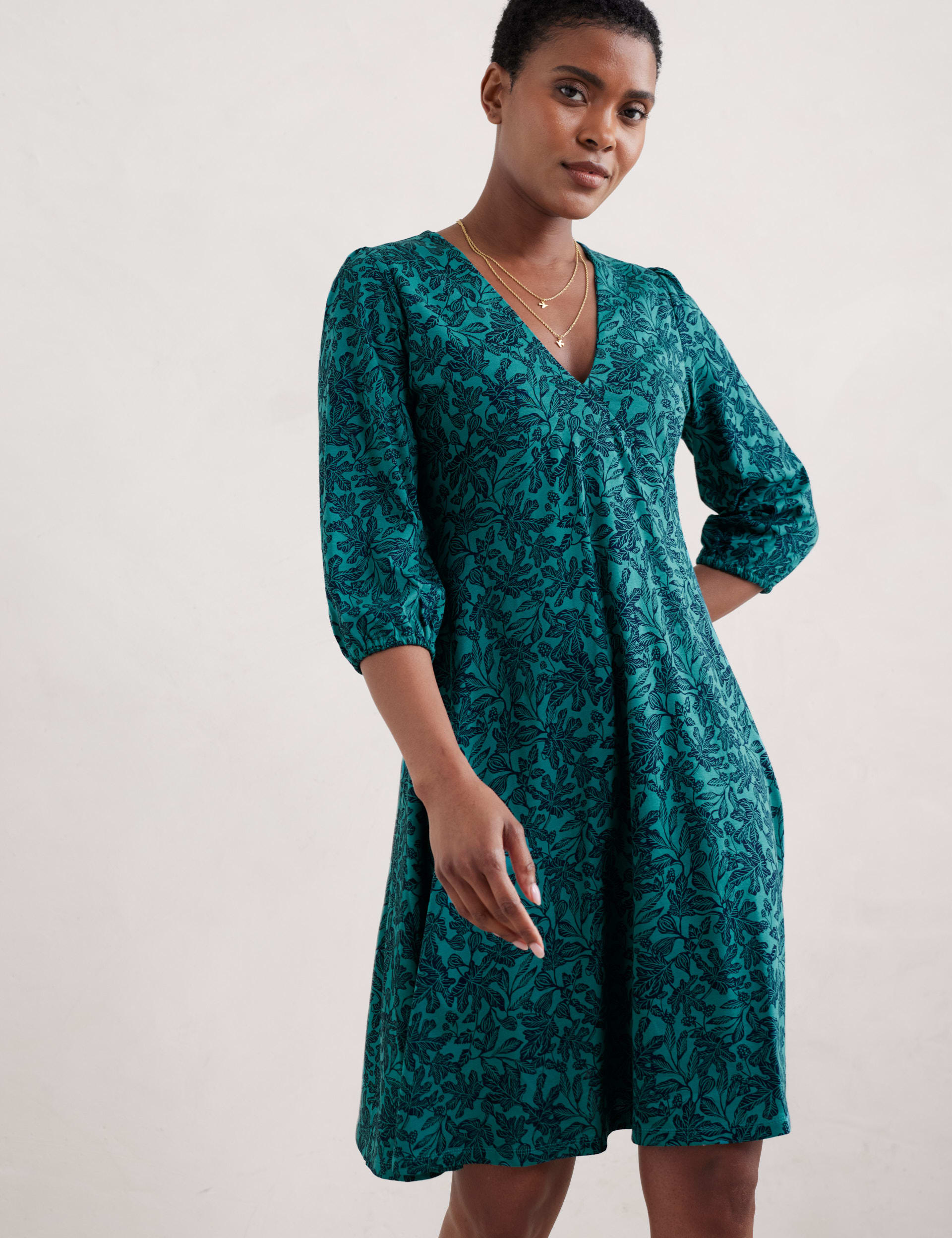 Seasalt Cornwall Women's Cotton Rich Printed V-Neck Waisted Dress - 8 - Teal Mix, Teal Mix