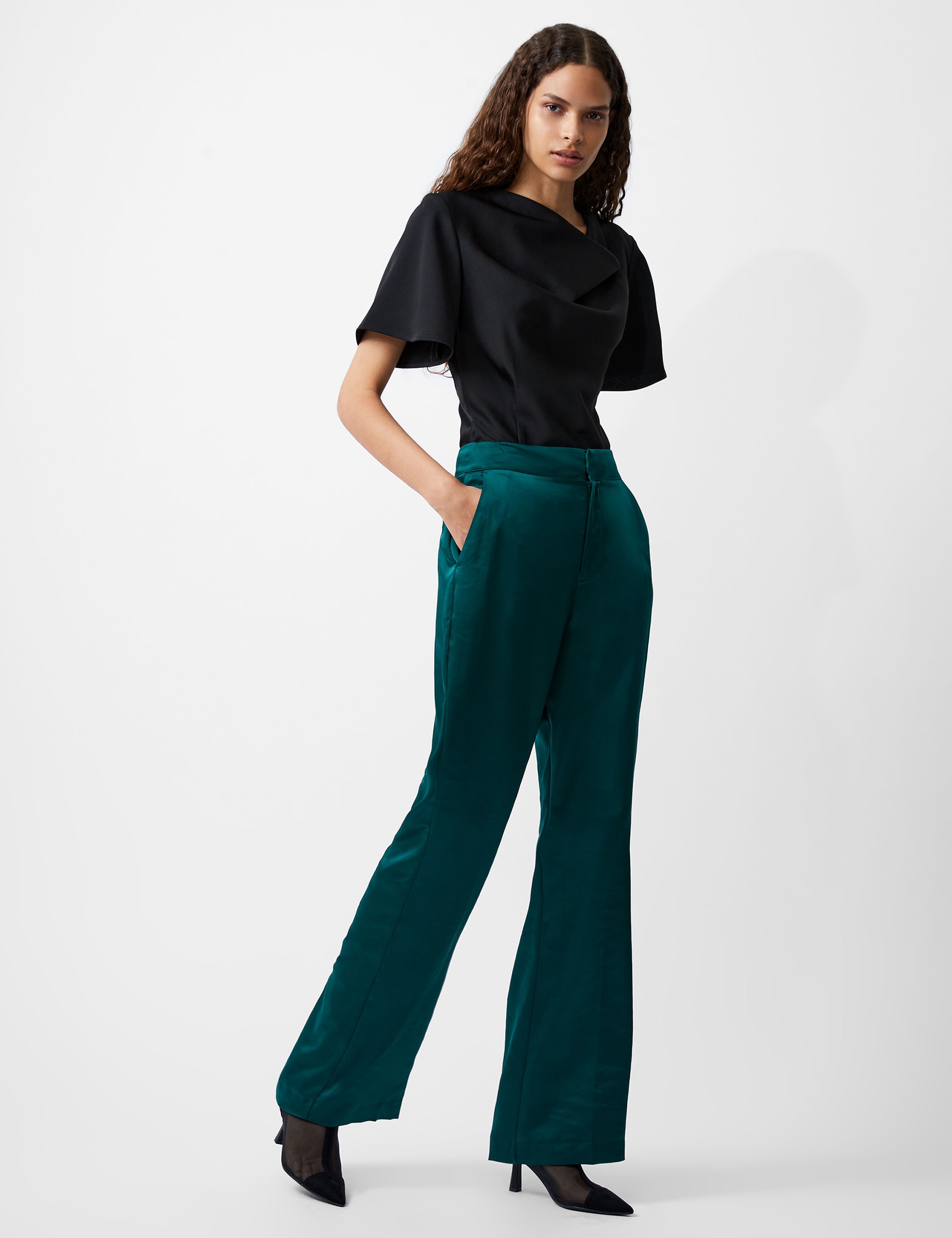 French Connection Women's Satin Wide Leg Trousers - 12 - Green, Green