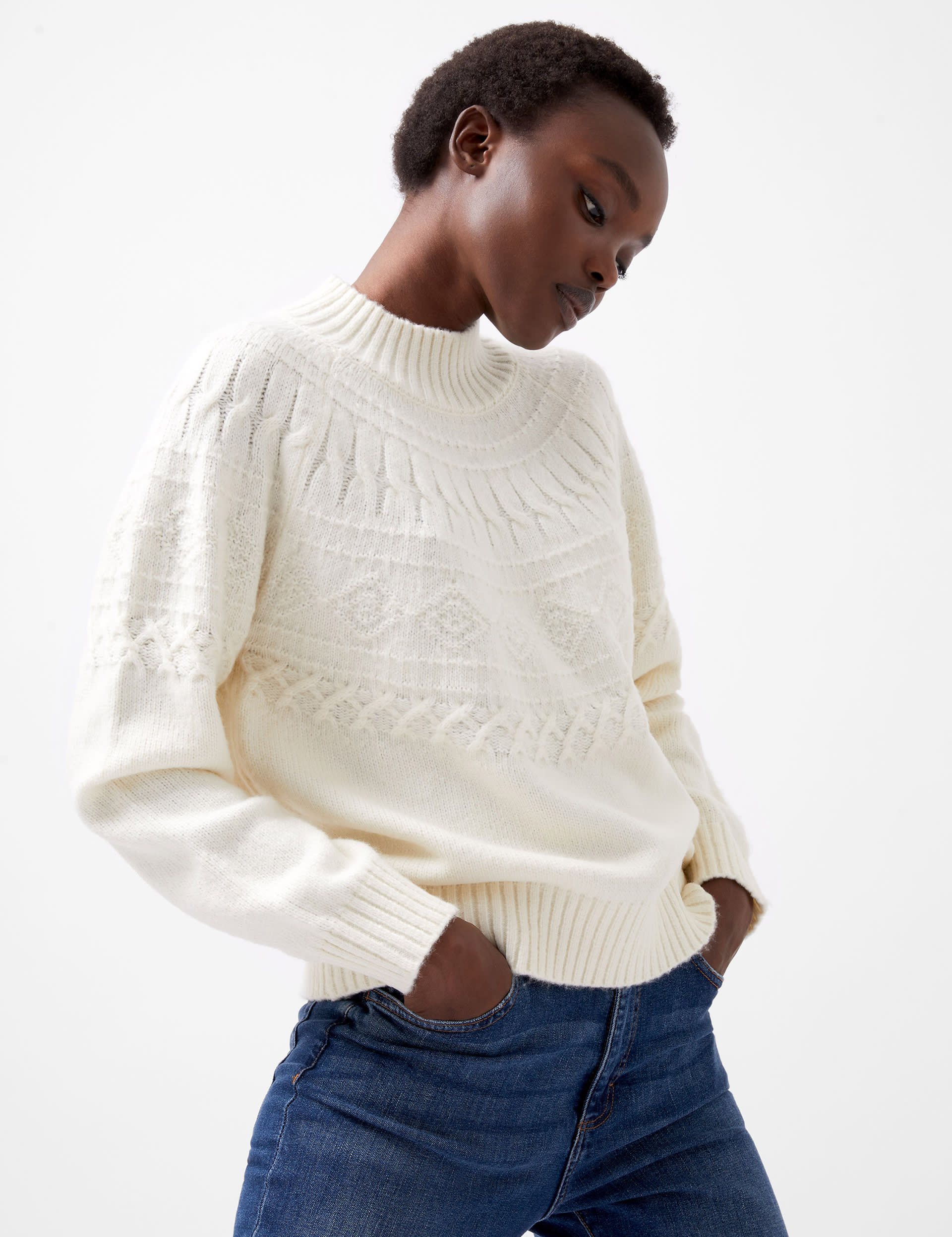 French Connection Women's Cable Knit Round Neck Jumper - Cream, Cream