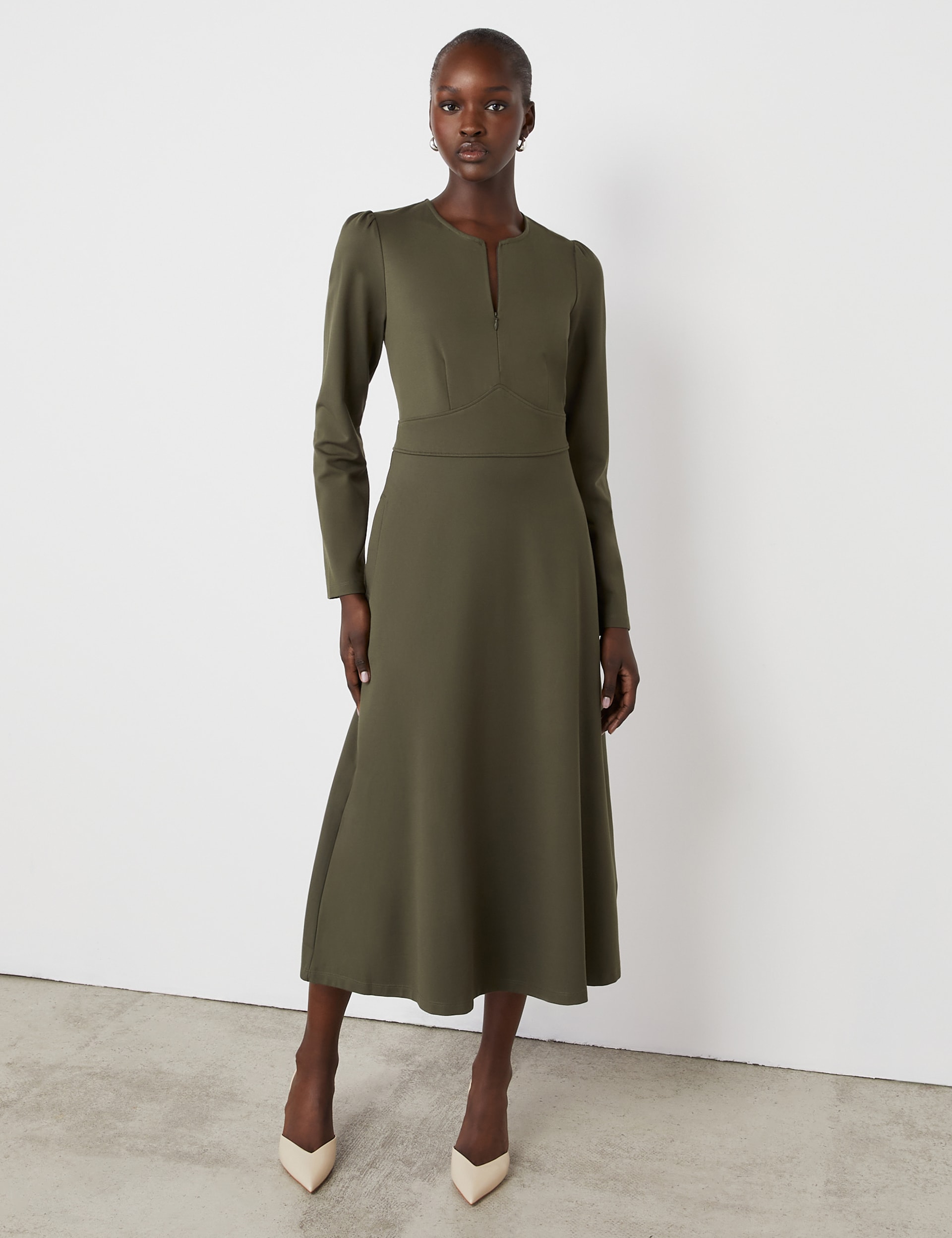 Finery London Women's Ponte Jersey Zip Neck Midi Waisted Dress - 18 - Green, Green,Black