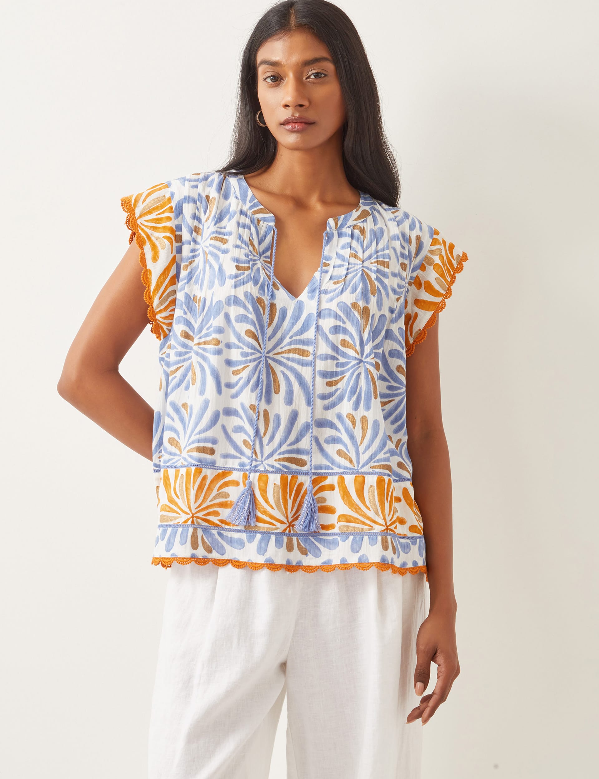 Monsoon Women's Printed V-Neck Top - M - Blue, Blue