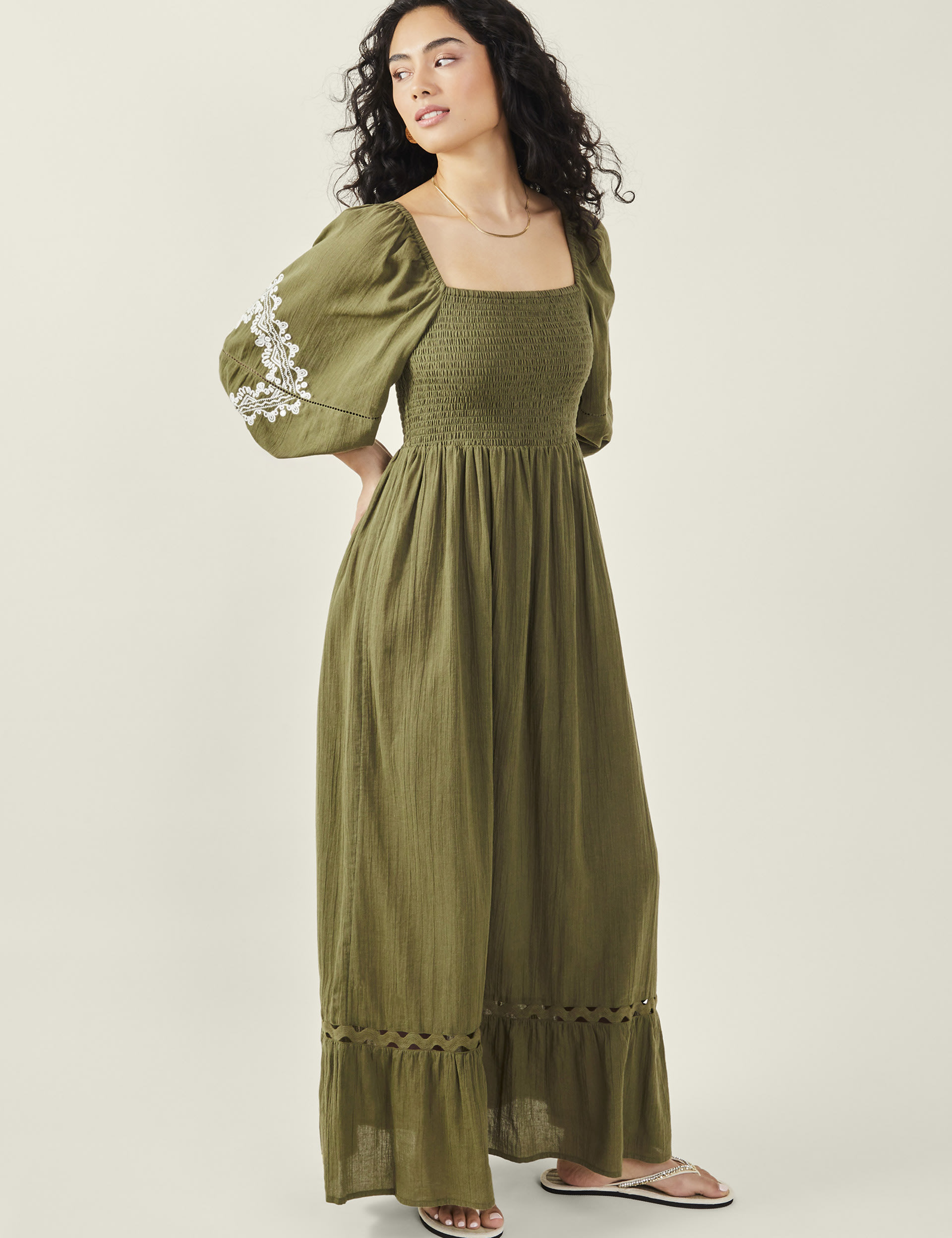 Accessorize Women's Pure Cotton Embroidered Maxi Beach Dress - XS - Khaki Mix, Khaki Mix