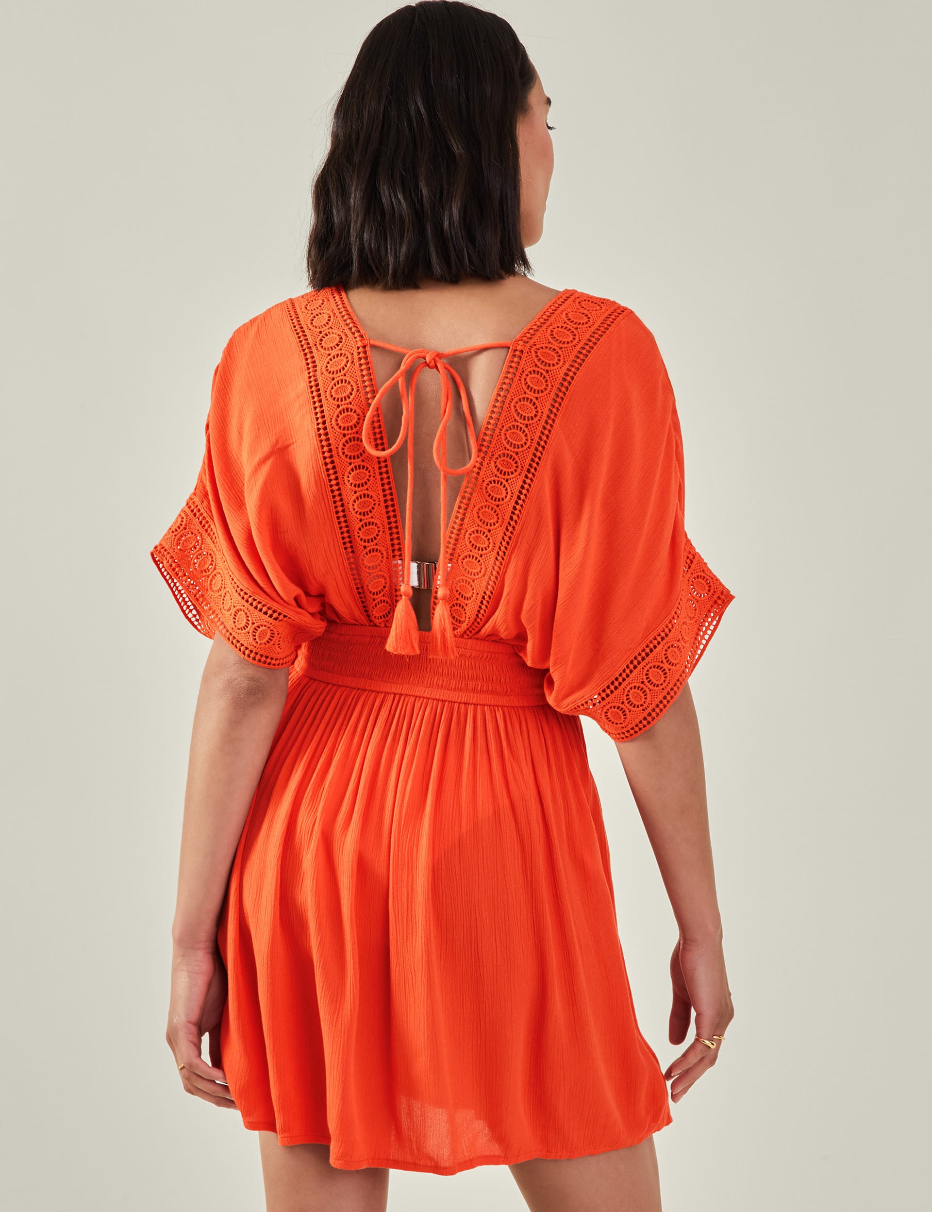 Accessorize Women's V-Neck Lace Insert Mini Kaftan Dress - Orange, Orange