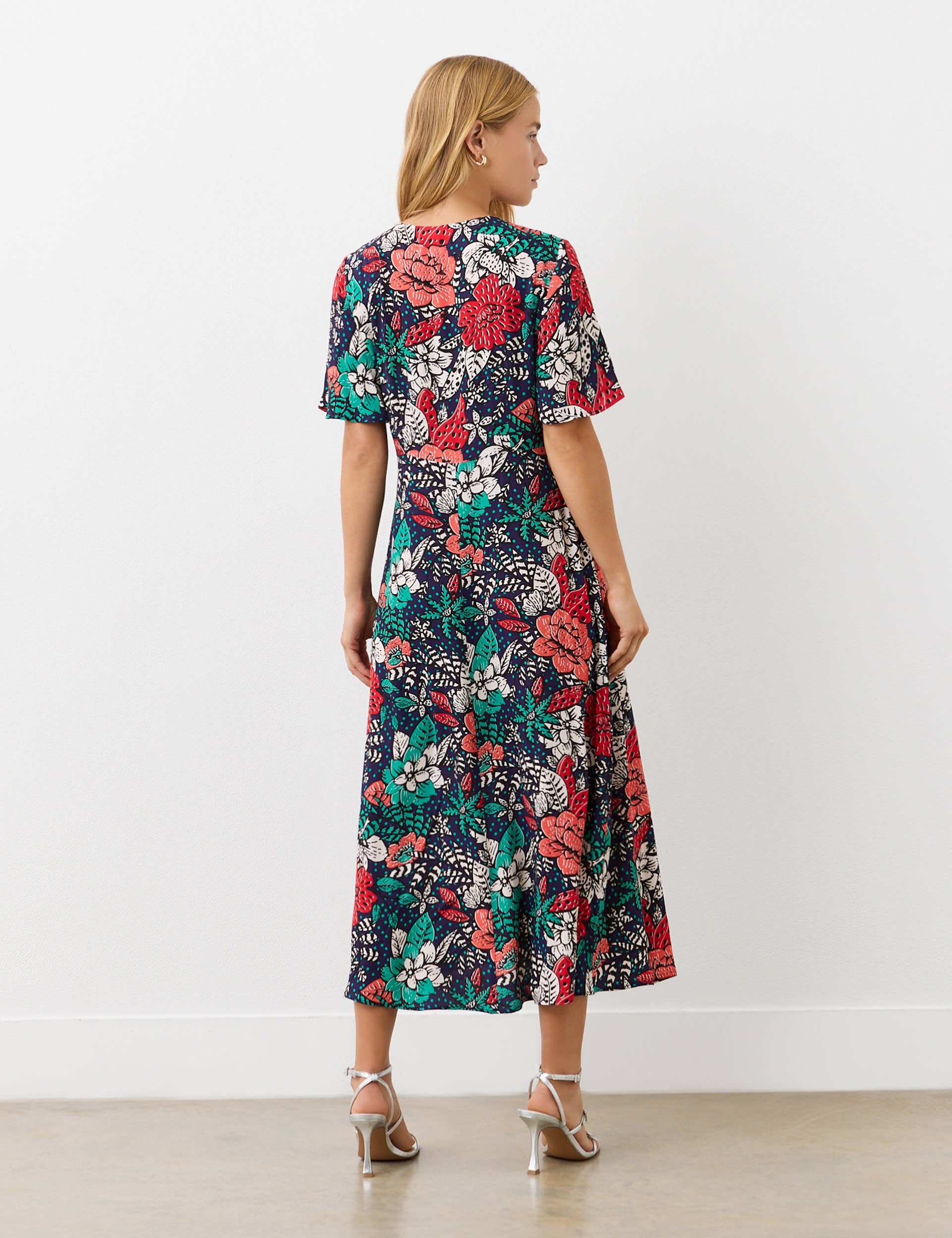 Finery London Women's Crepe Floral V-Neck Midi Tea Dress - 12 - Navy Mix, Navy Mix