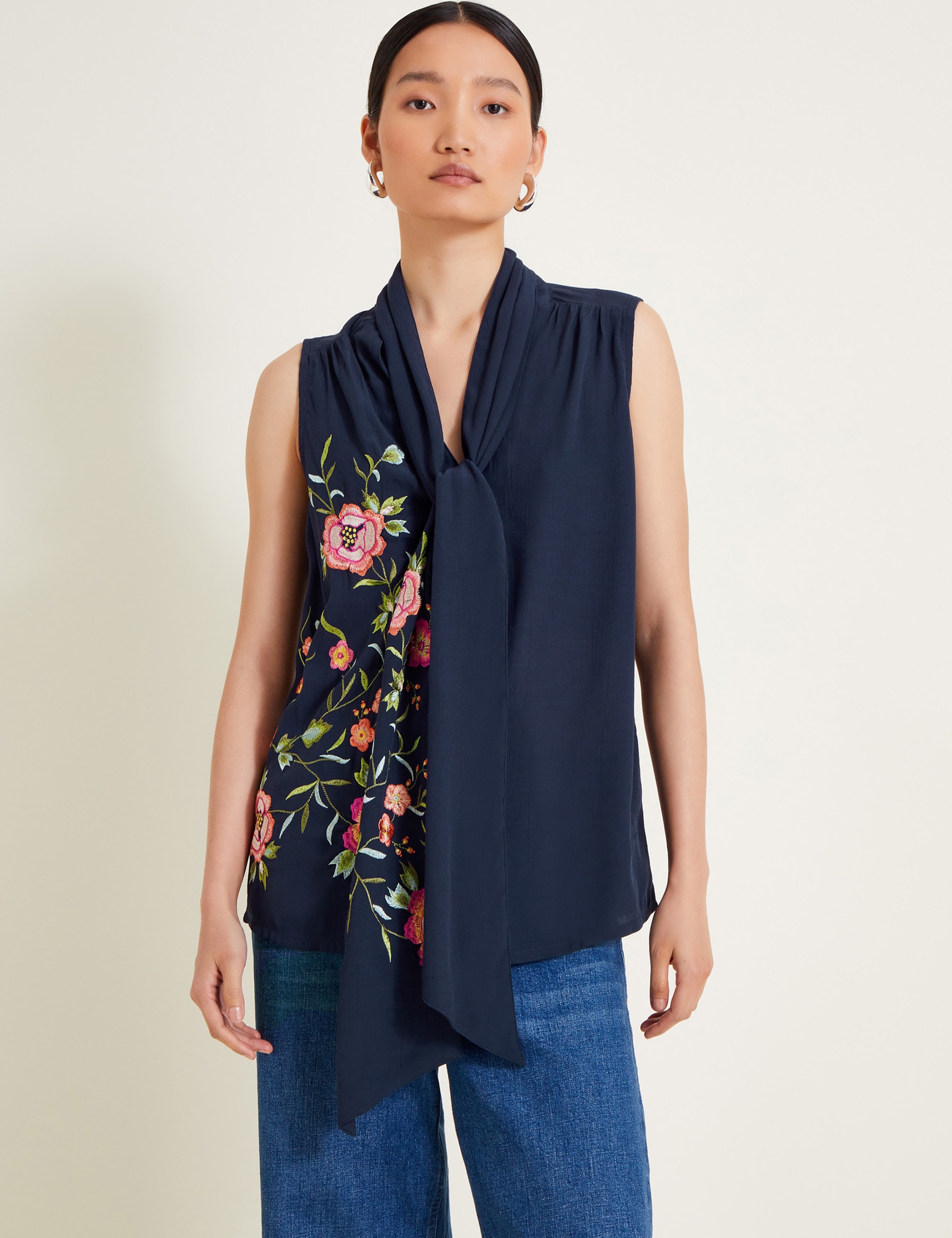 Monsoon Women's Embroidered Tie Neck Blouse - Navy Mix, Navy Mix