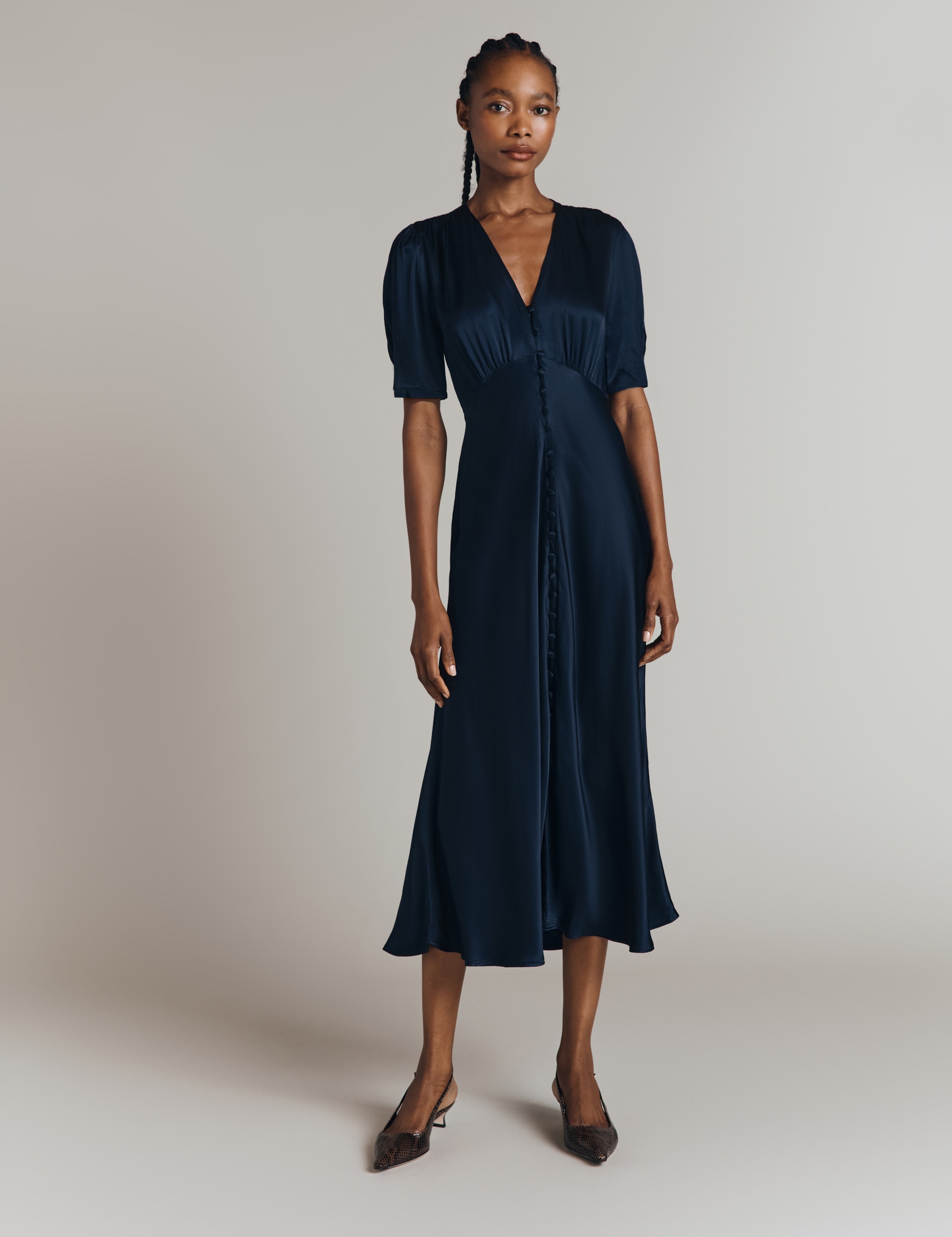 Ghost Women's Satin V-Neck Midi Tea Dress - Navy, Black,Navy