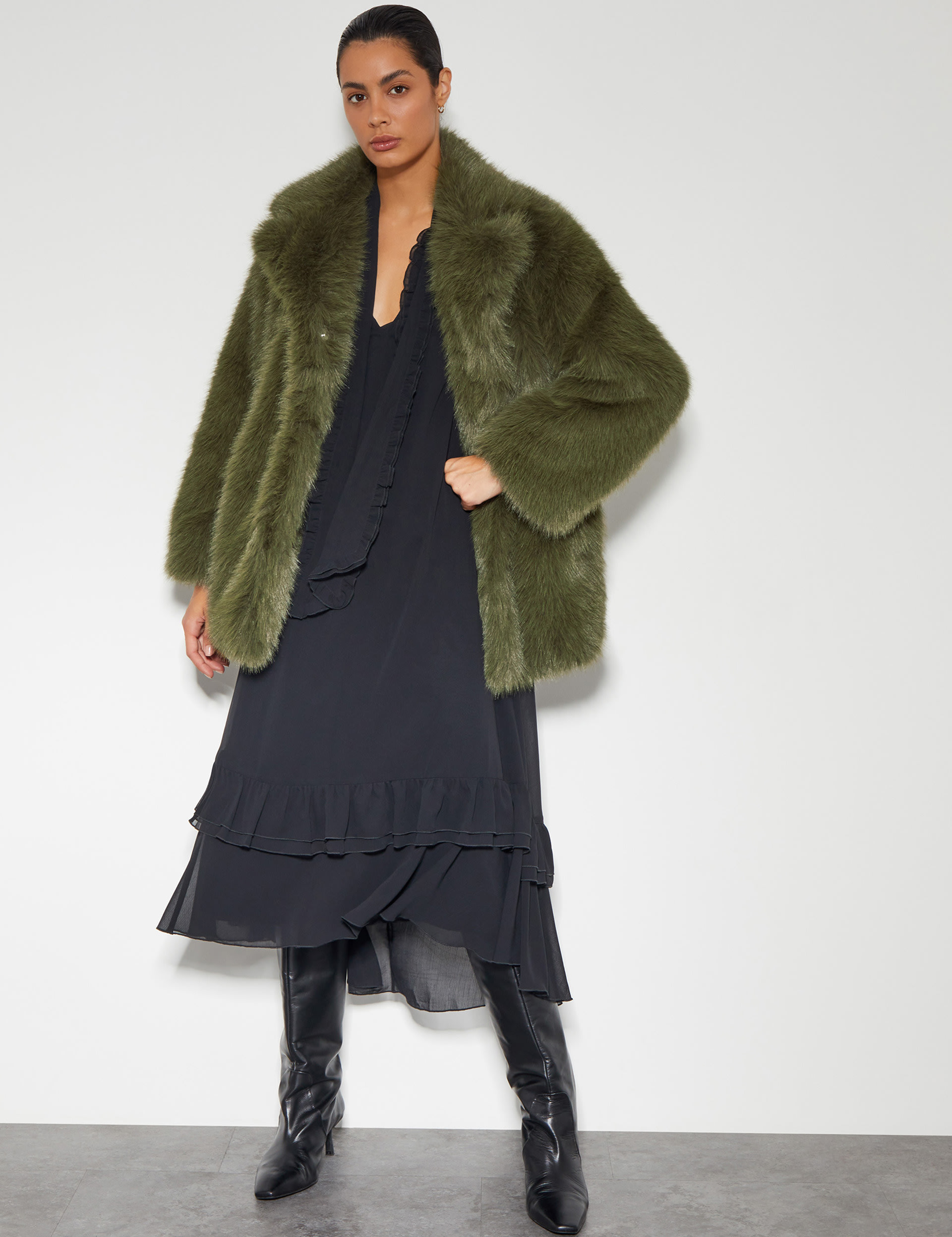 Monsoon Women's Faux Fur Revere Collar Coat - M - Green, Green