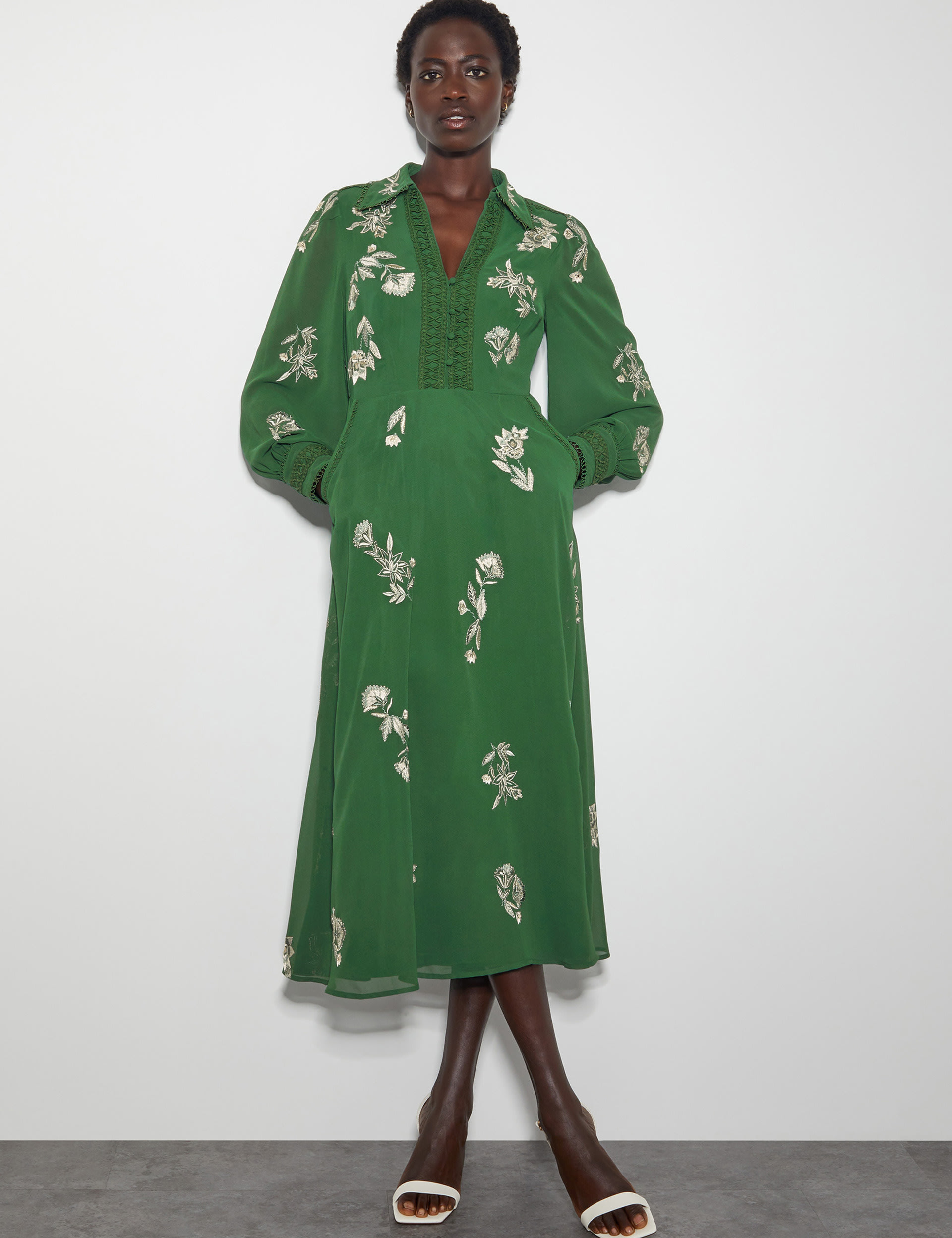 Monsoon Women's Embroidered V-Neck Midi Shirt Dress - 14 - Green, Green