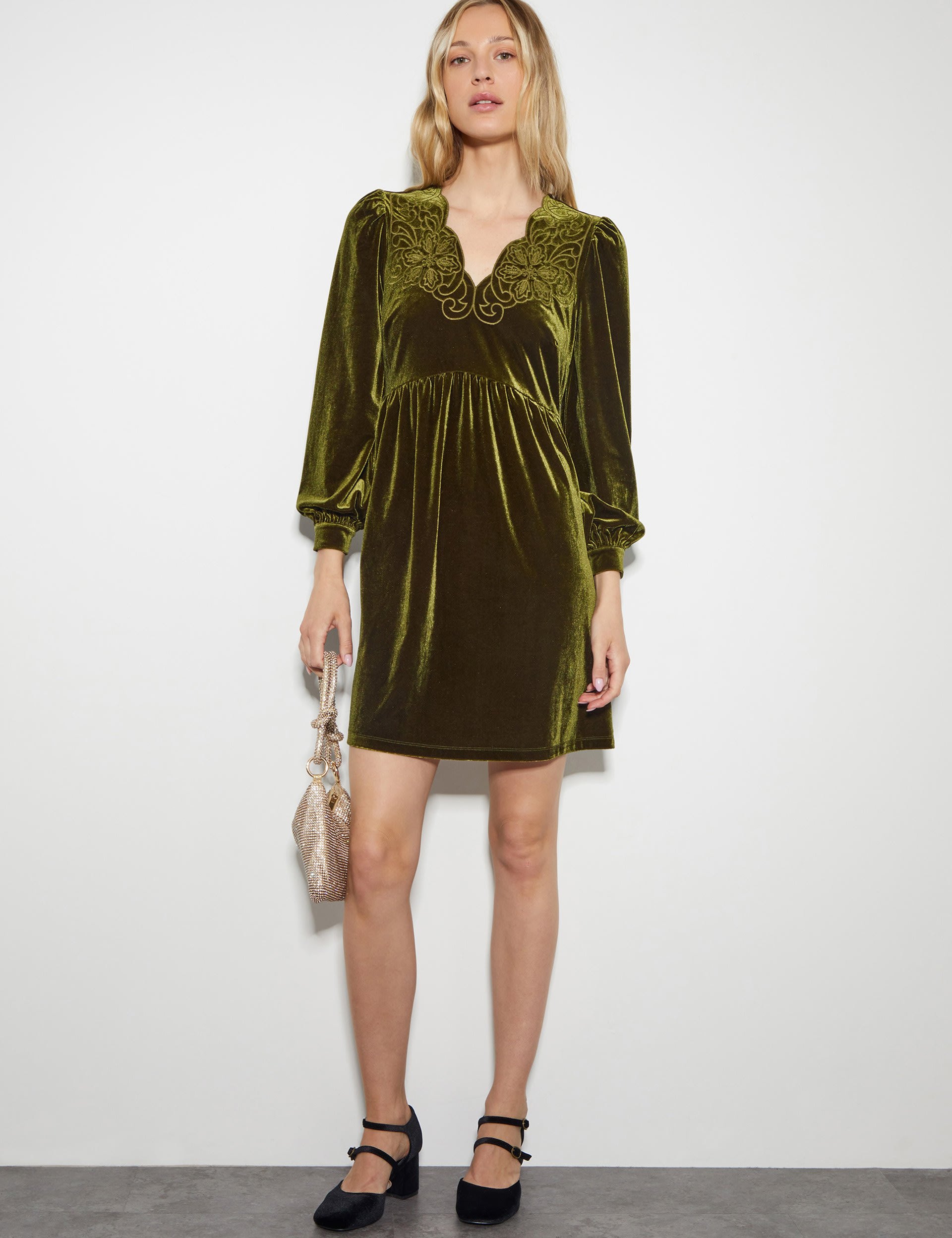 Monsoon Women's Velvet Embroidered Mini Shift Dress - XL - Green, Green