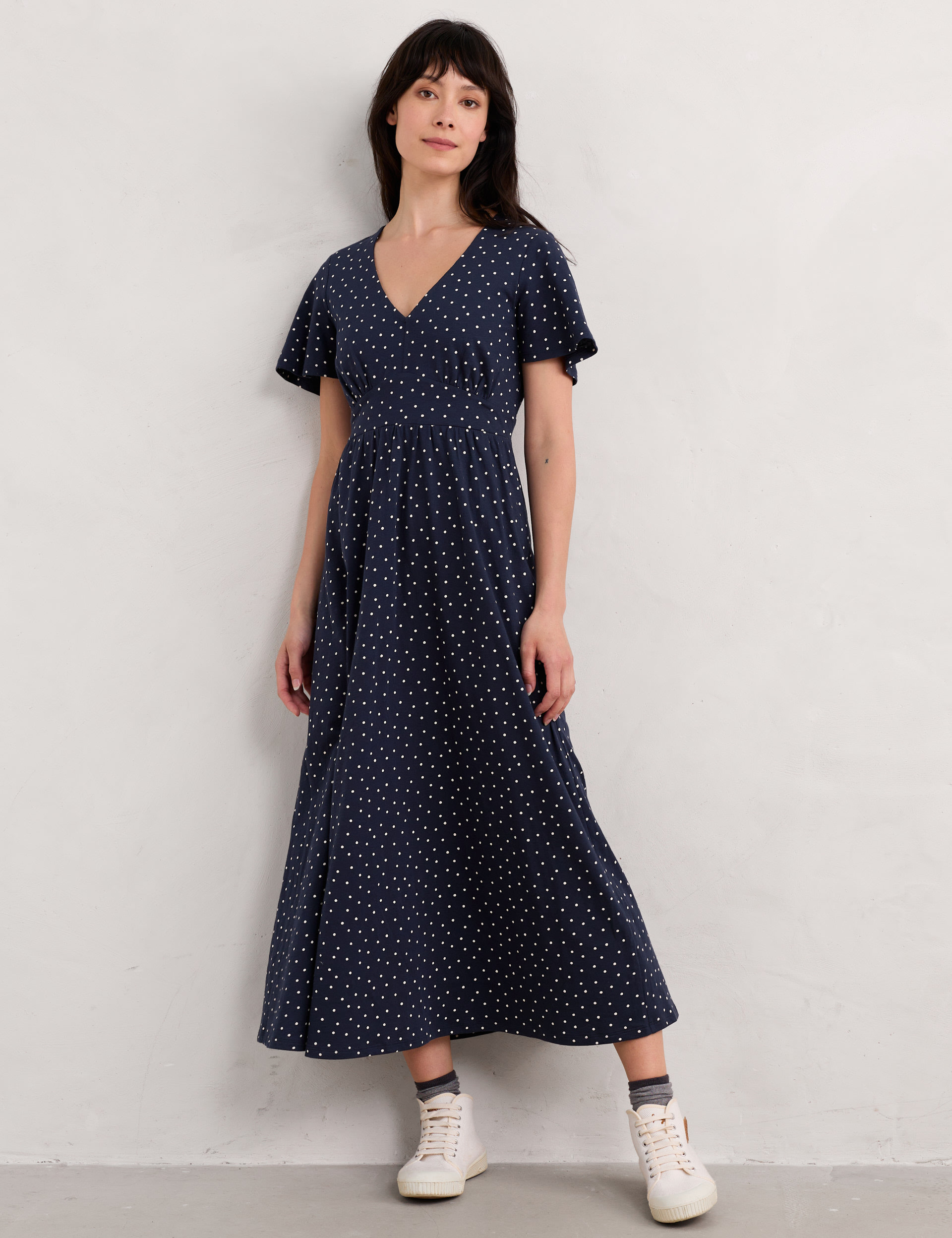 Seasalt Cornwall Women's Pure Cotton Polka Dot V-Neck Midi Waisted Dress - 16REG - Navy Mix, Navy Mi