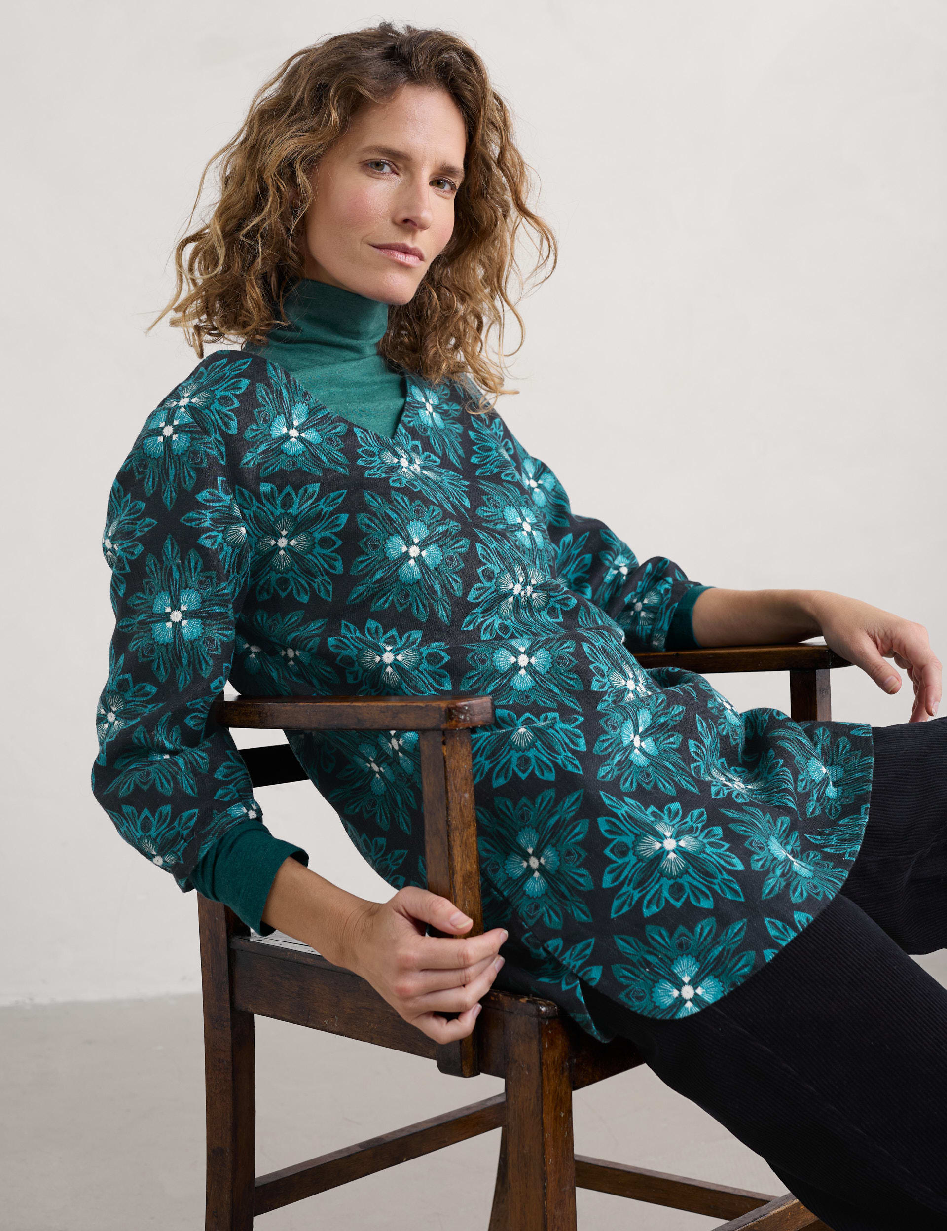 Seasalt Cornwall Women's Cotton Blend Floral V-Neck Tunic - 12 - Teal Mix, Teal Mix