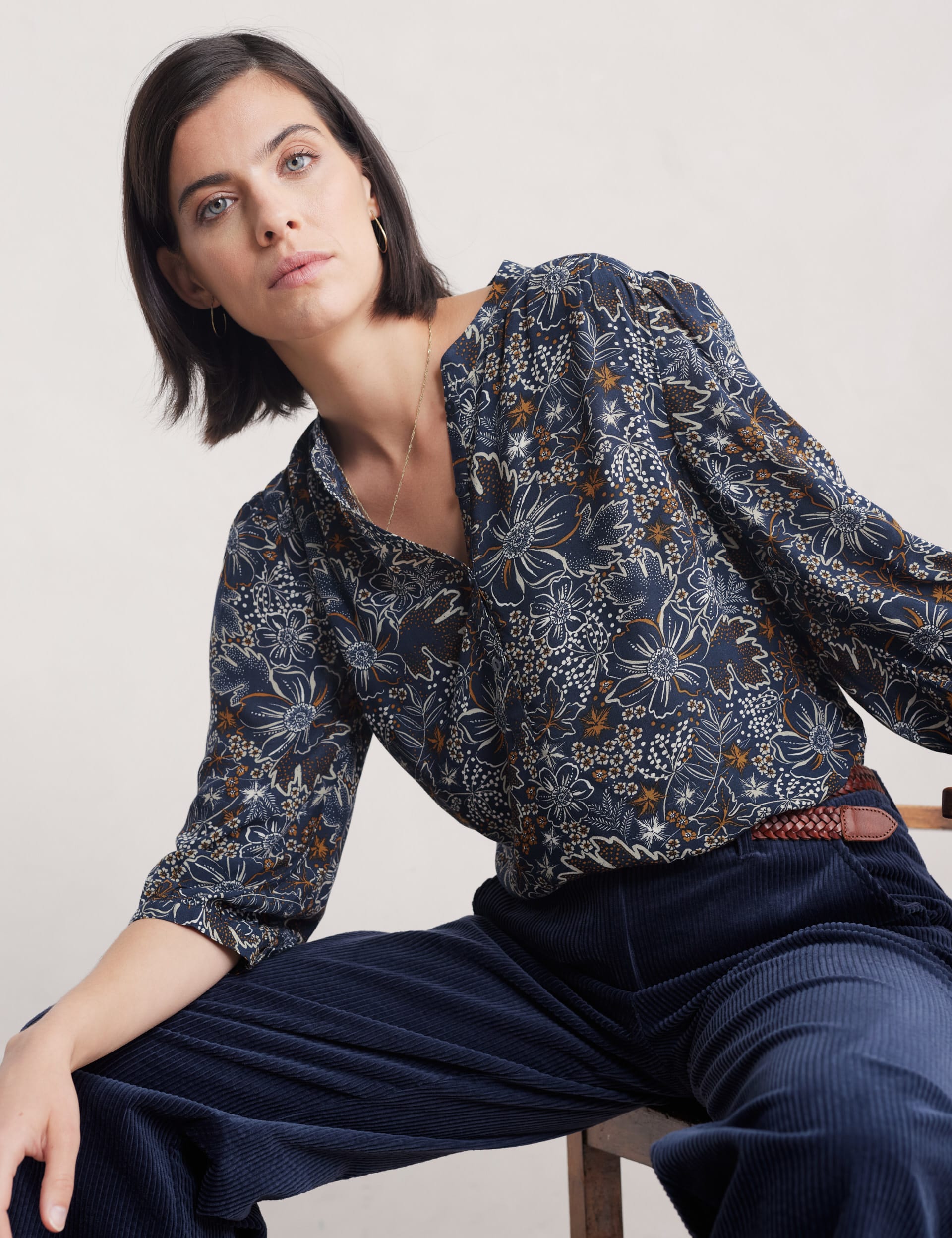 Seasalt Cornwall Women's Floral Collarless Blouson Sleeve Shirt - 14 - Navy Mix, Navy Mix