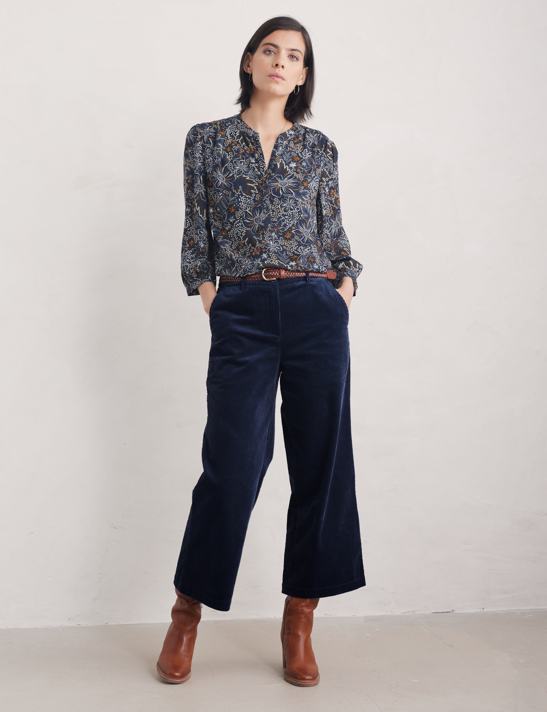 Seasalt Cornwall Women's Floral Collarless Blouson Sleeve Shirt - 14 - Navy Mix, Navy Mix