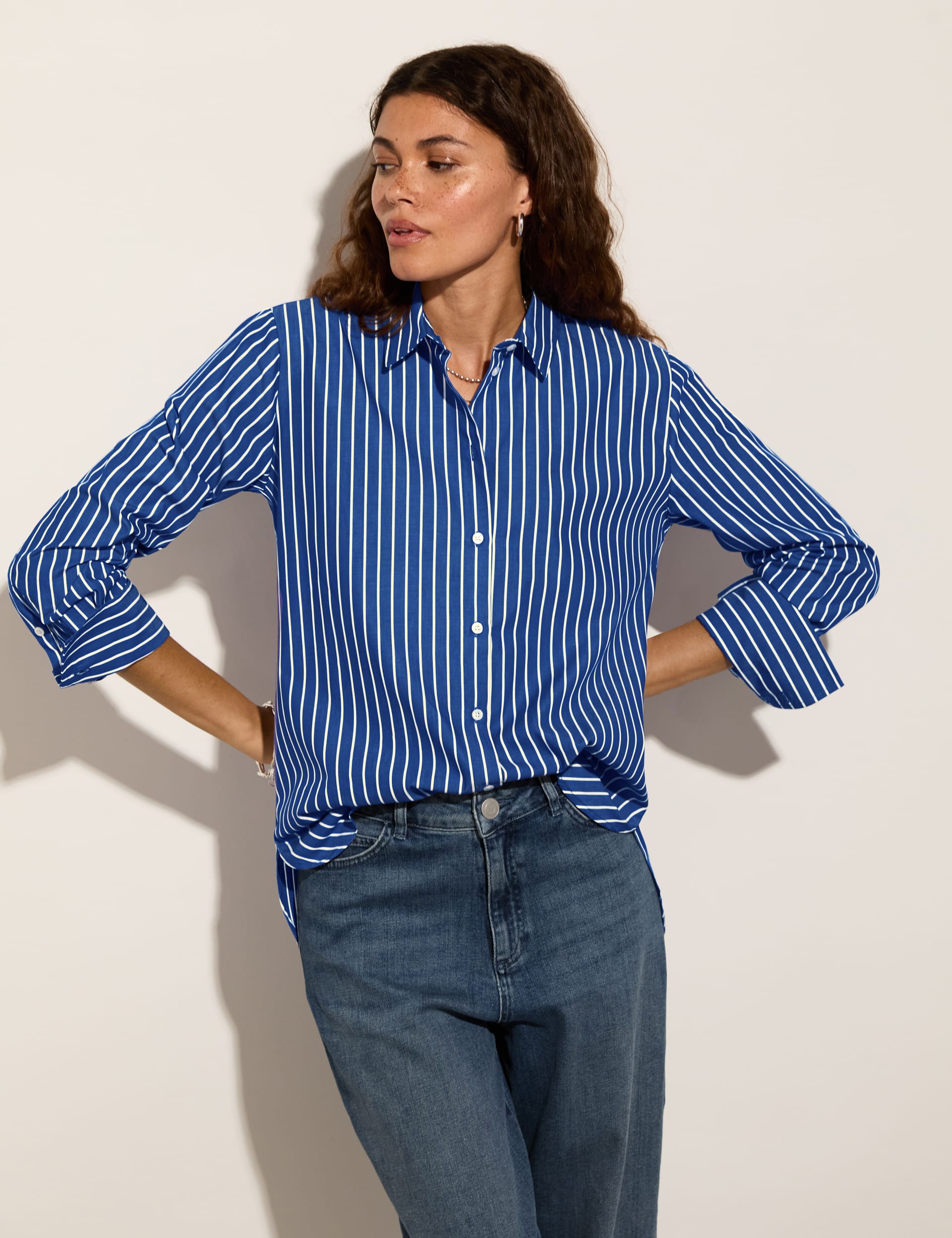 Baukjen Women's Pure Cotton Striped Collared Relaxed Shirt - 16 - Blue Mix, Blue Mix