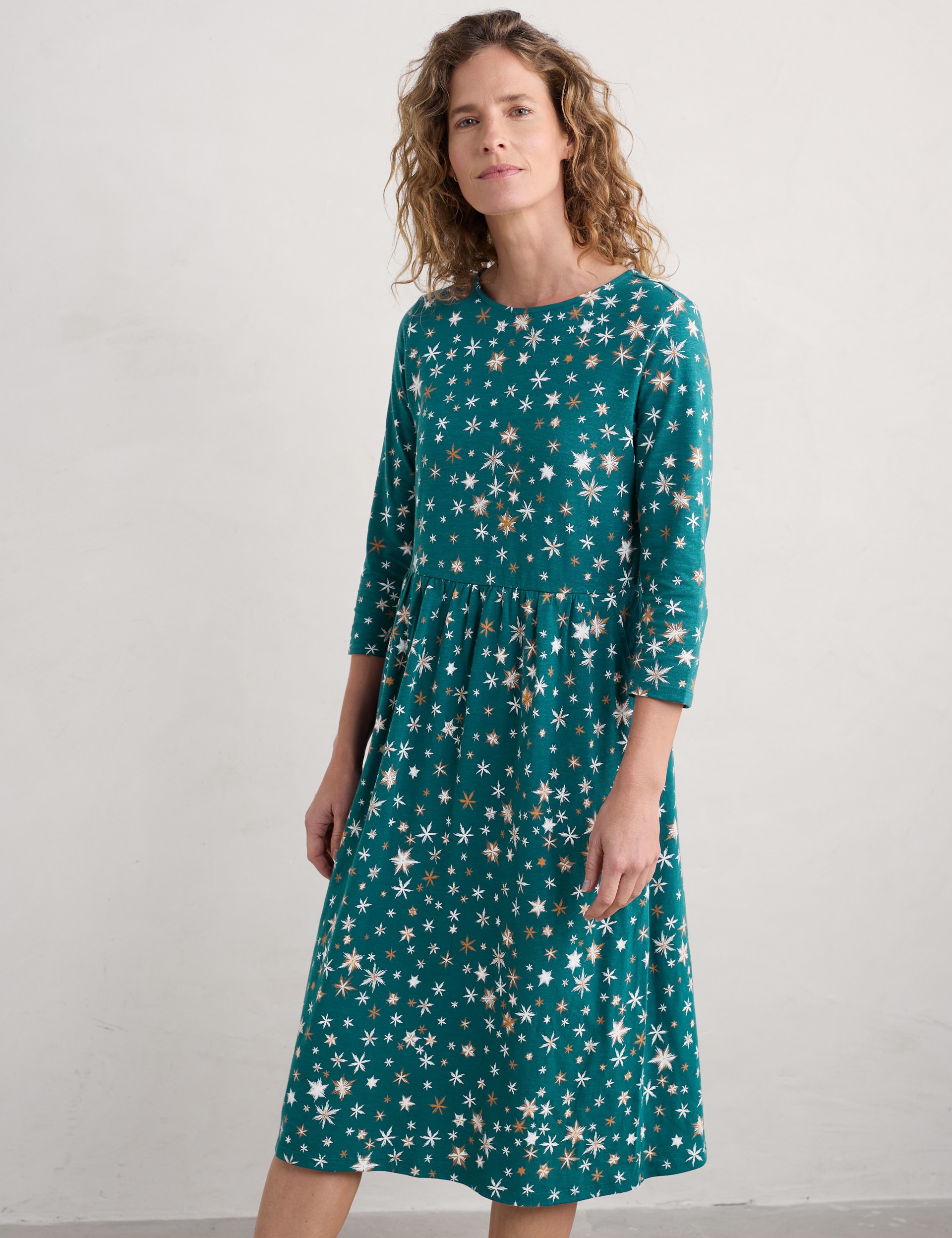 Seasalt Cornwall Women's Pure Cotton Star Print Midi Skater Dress - 12LNG - Teal Mix, Teal Mix