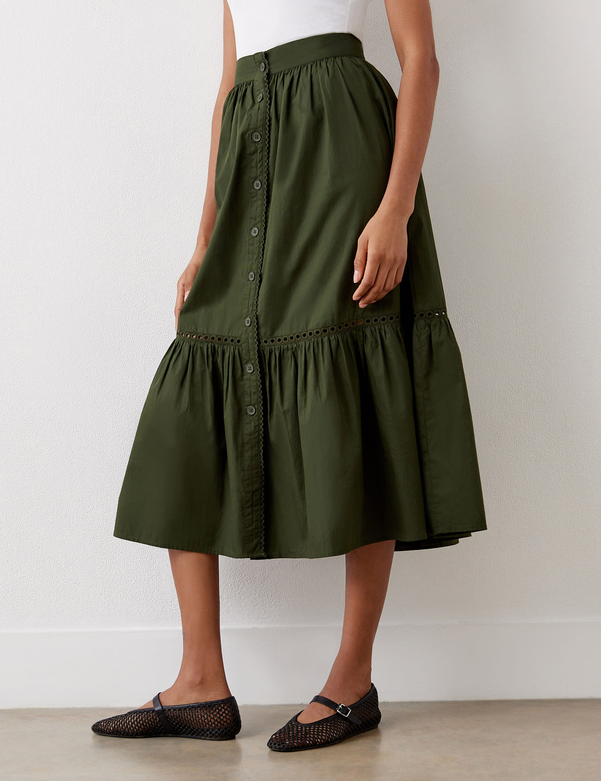 Finery London Women's Pure Cotton Button Front Midi Tiered Skirt - 16 - Green, Burgundy,Black,Green