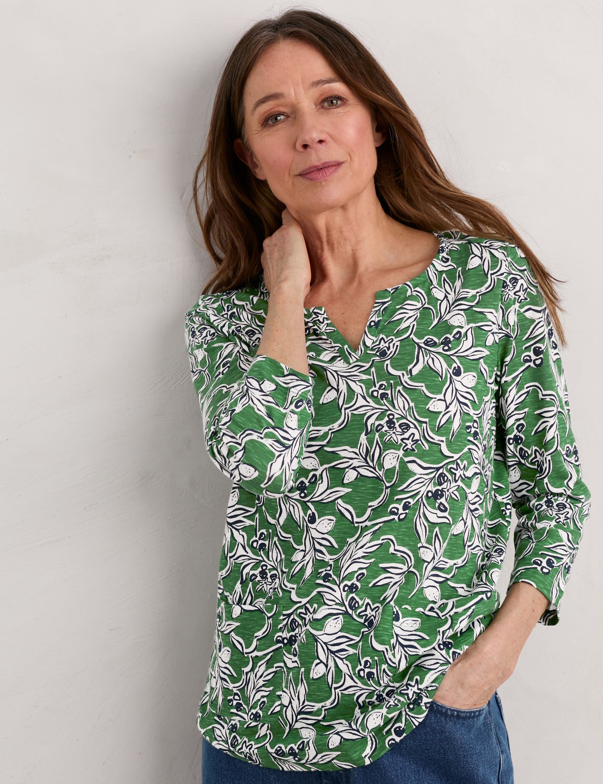 Seasalt Cornwall Women's Pure Cotton Floral Notch Neck Top - 8 - Green Mix, Green Mix