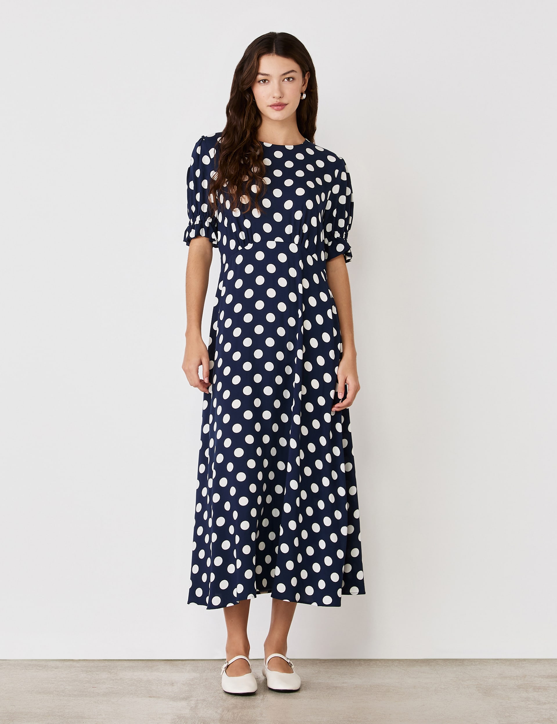 Finery London Women's Polka Dot Midi Tea Dress - 12 - Navy Mix, Navy Mix,Green Mix