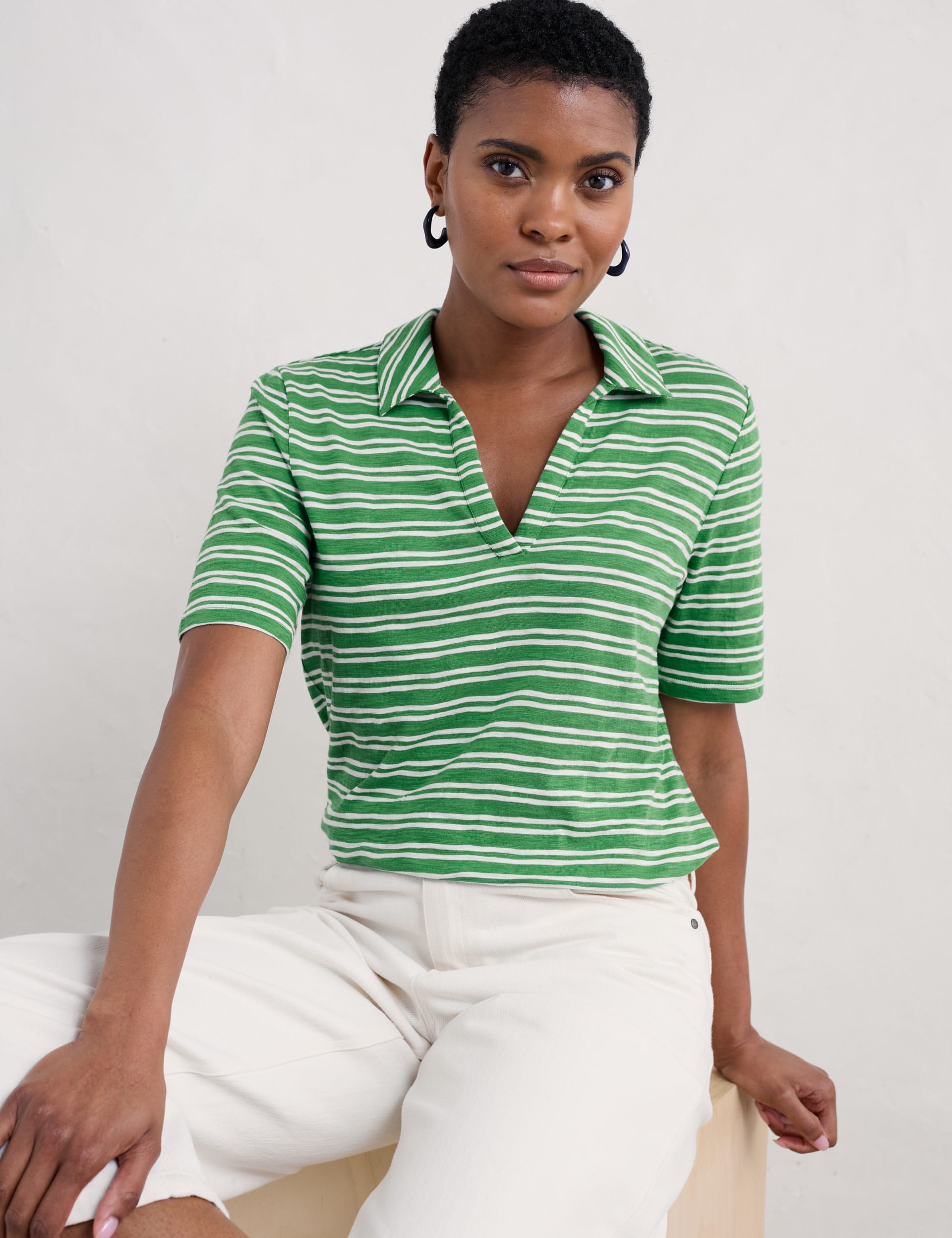 Seasalt Cornwall Women's Pure Cotton Striped V-neck T-Shirt - 18 - Green Mix, Green Mix