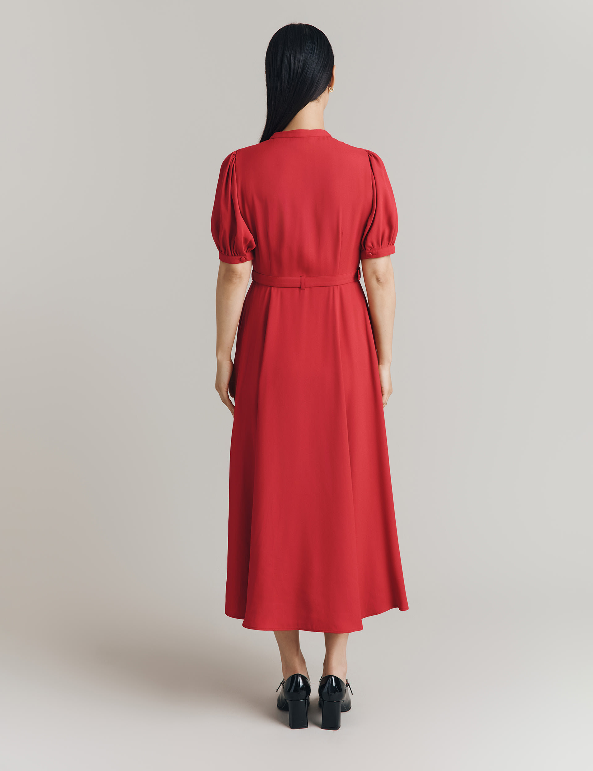 Ghost Women's Satin Crepe Belted Midi Tea Dress - XS - Red, Red