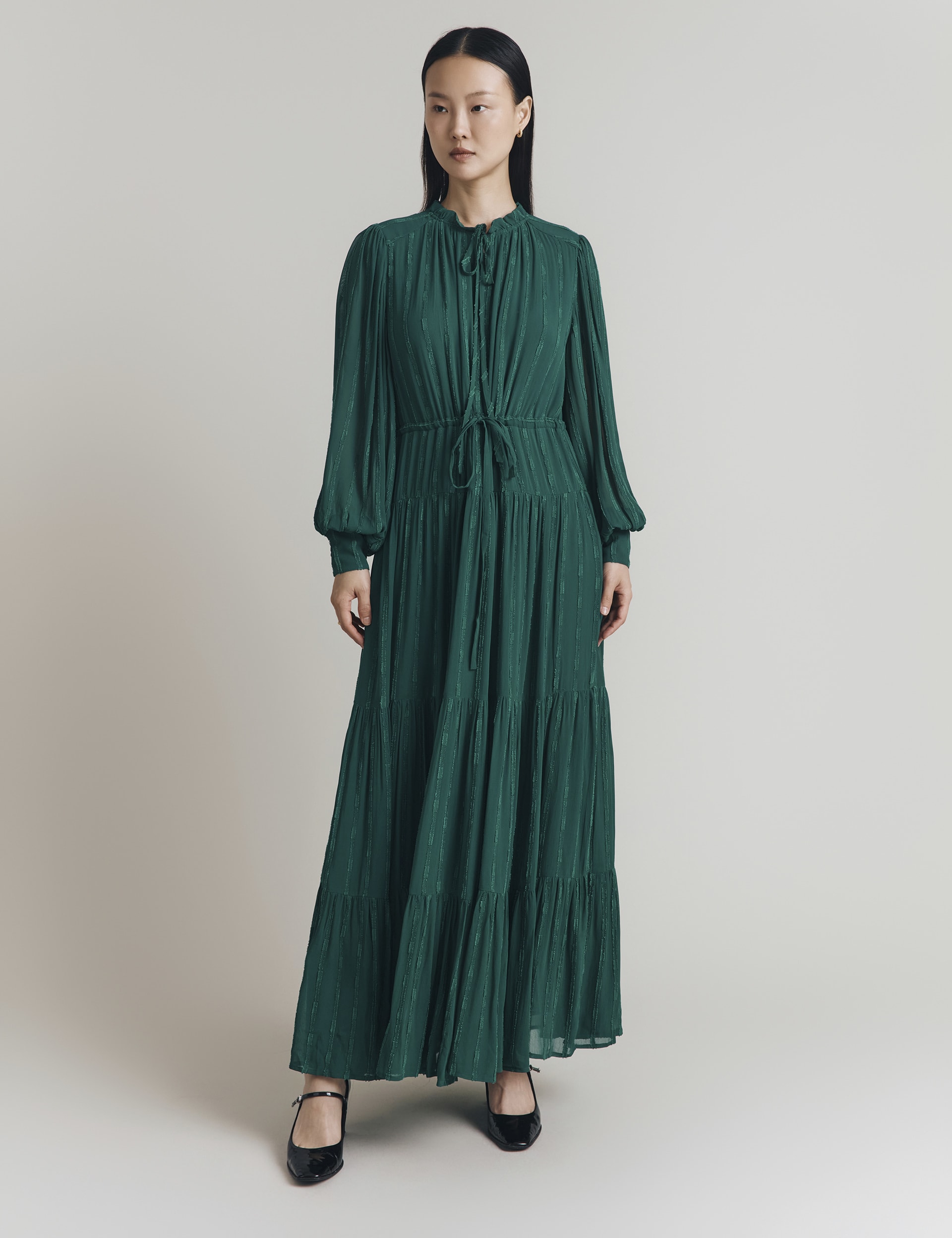 Ghost Women's Striped Blouson Sleeve Midaxi Tiered Dress - Dark Green, Dark Green