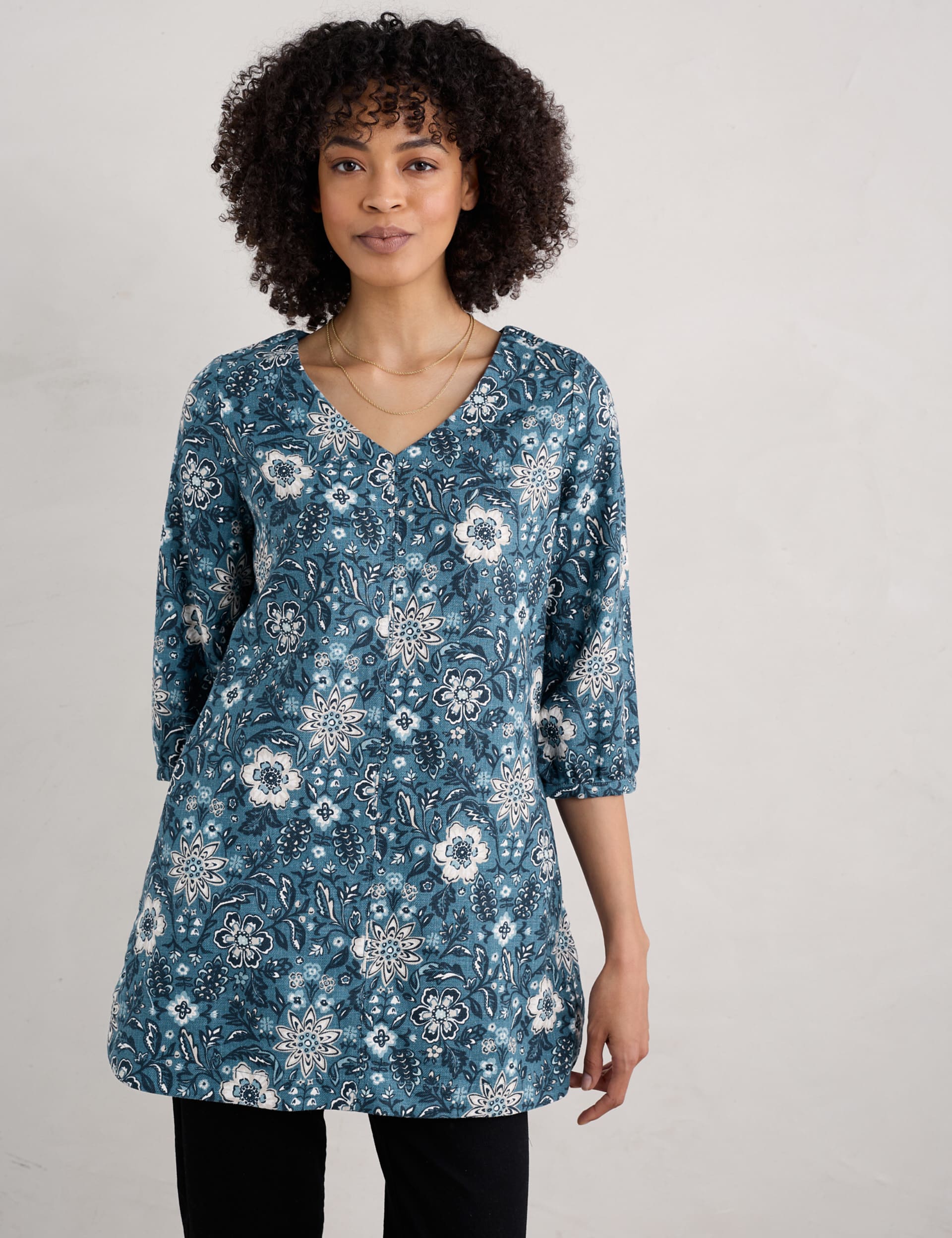 Seasalt Cornwall Women's Ramie Rich Floral V-Neck Tunic - 8 - Blue Mix, Blue Mix