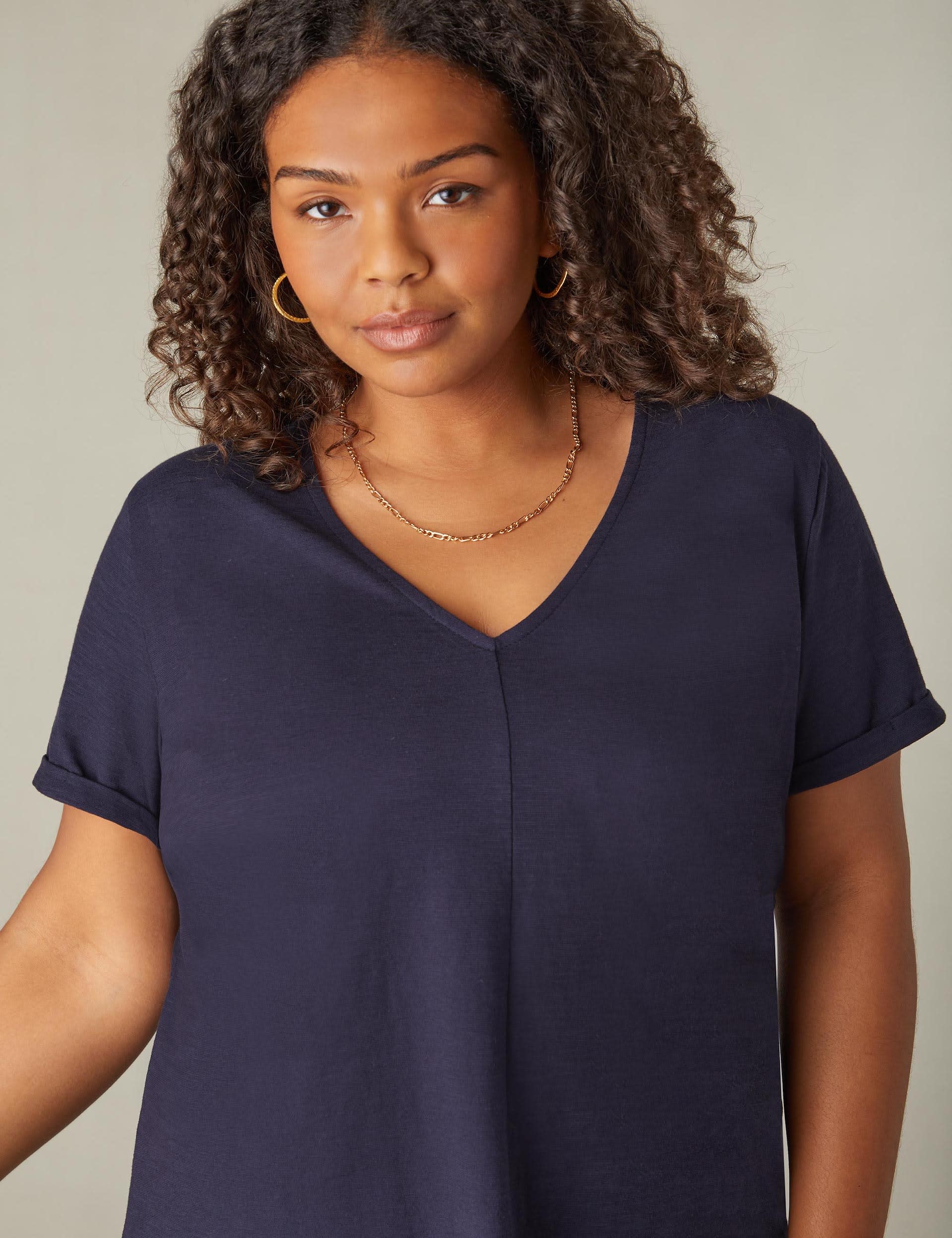 Live Unlimited London Women's Pure Cotton Long V-Neck Longline T-Shirt - 12 - Navy, Navy