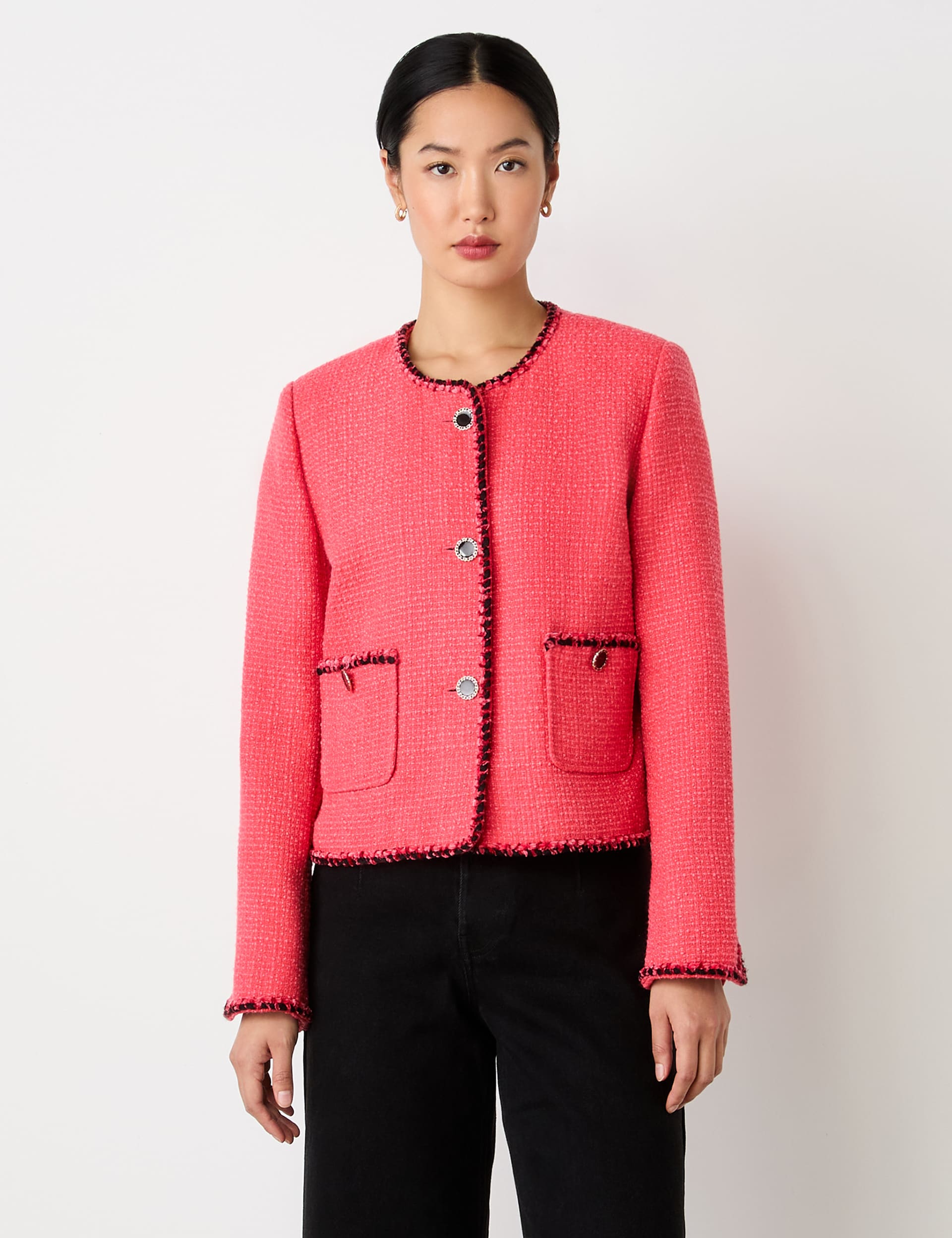 Finery London Women's Tweed Collarless Short Jacket - 16 - Pink, Pink,Ivory