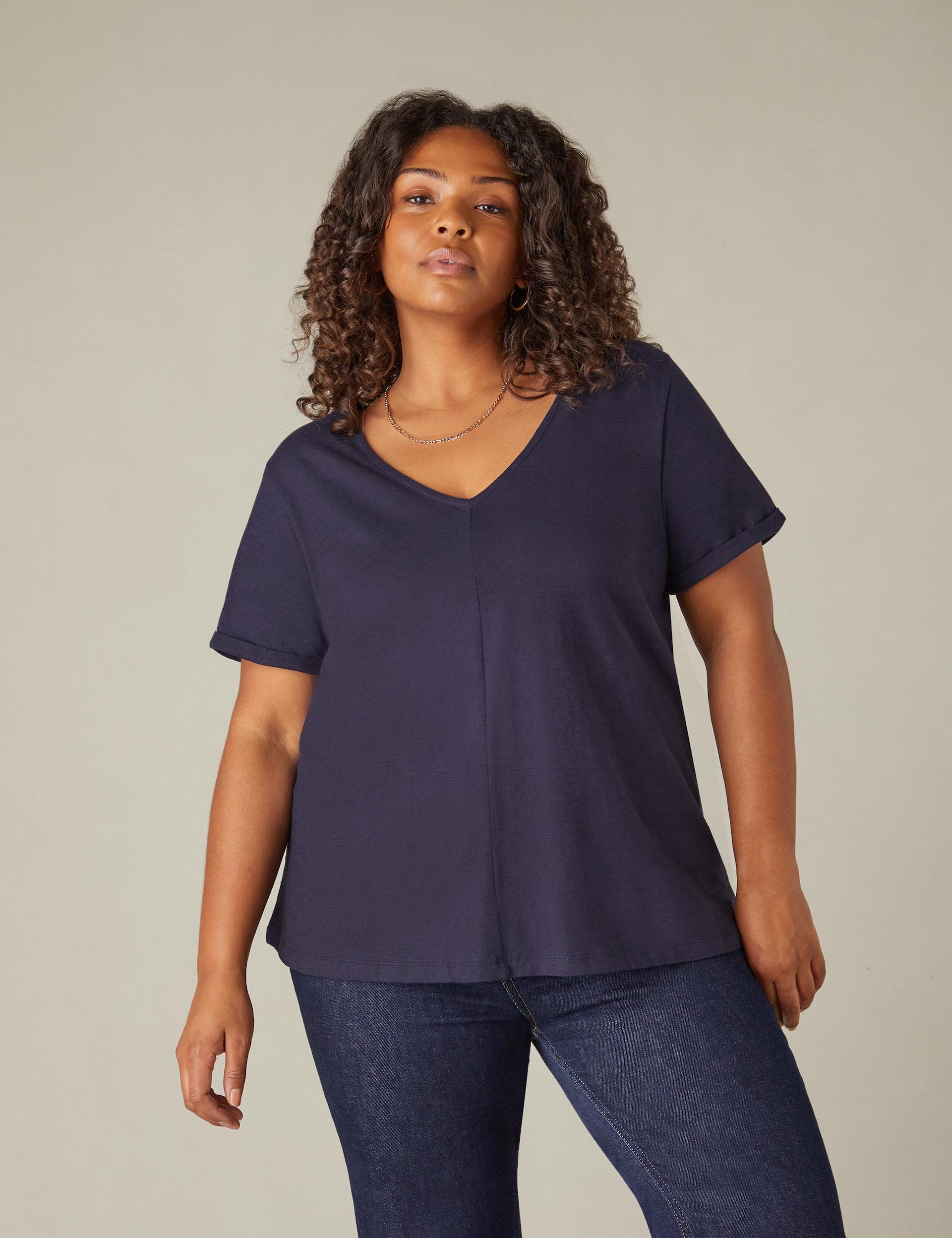 Live Unlimited London Women's Pure Cotton V-Neck T-Shirt - 14 - Navy, Black,Navy