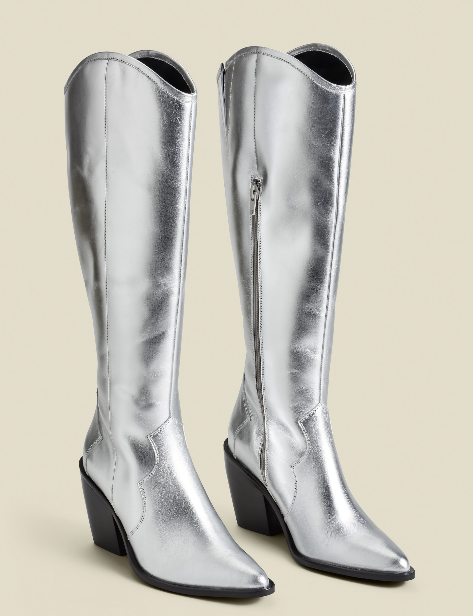 Sosandar Women's Leather Metallic Block Heel Knee High Boot - 5 - Silver, Silver