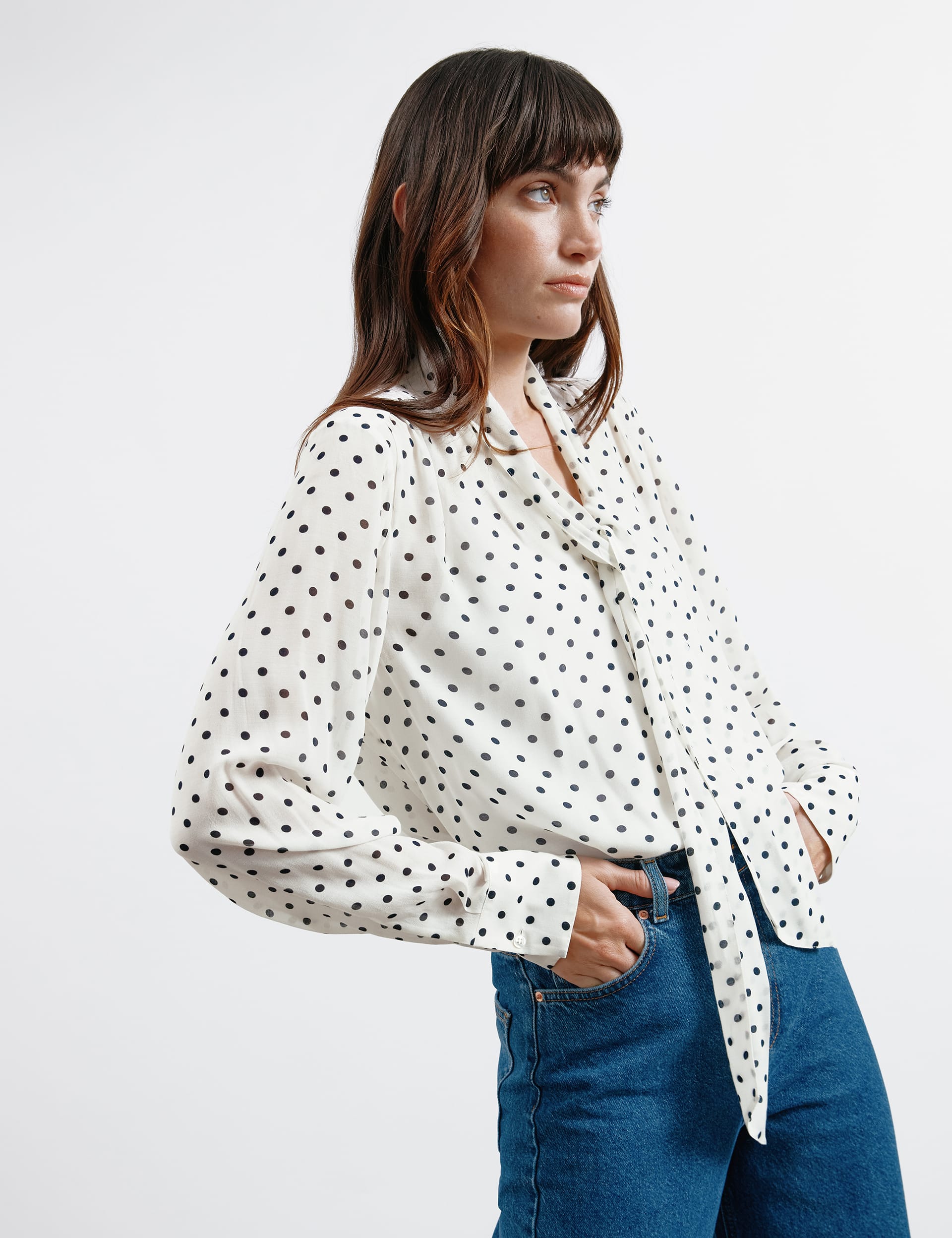 Albaray Women's Polka Dot Tie Neck Blouse - 8 - Cream Mix, Cream Mix