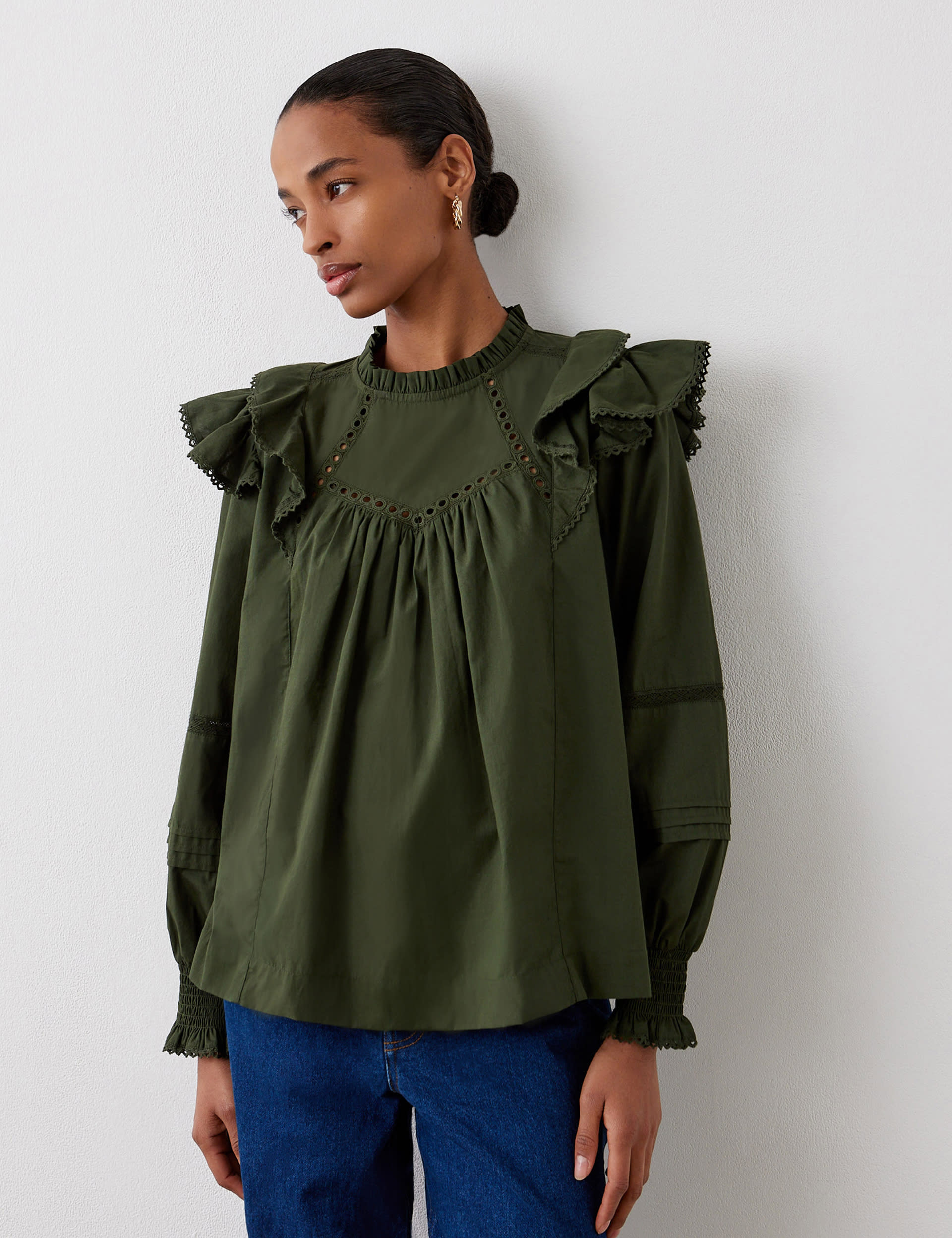 Finery London Women's Pure Cotton Frill Neck Ruffle Blouse - 16 - Green, Green,Burgundy