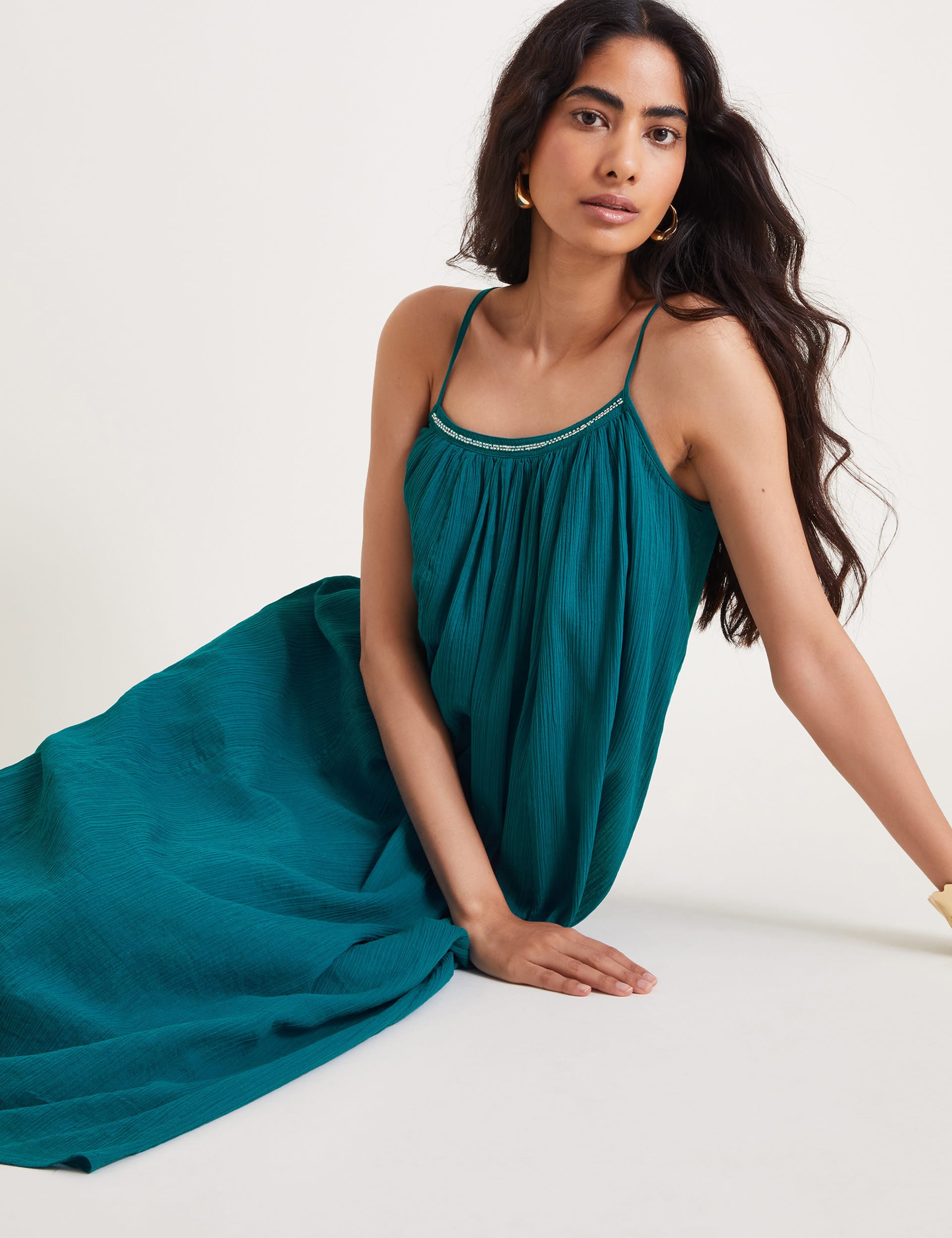 Monsoon Women's Pure Cotton Textured Midi Slip Dress - Teal, Teal