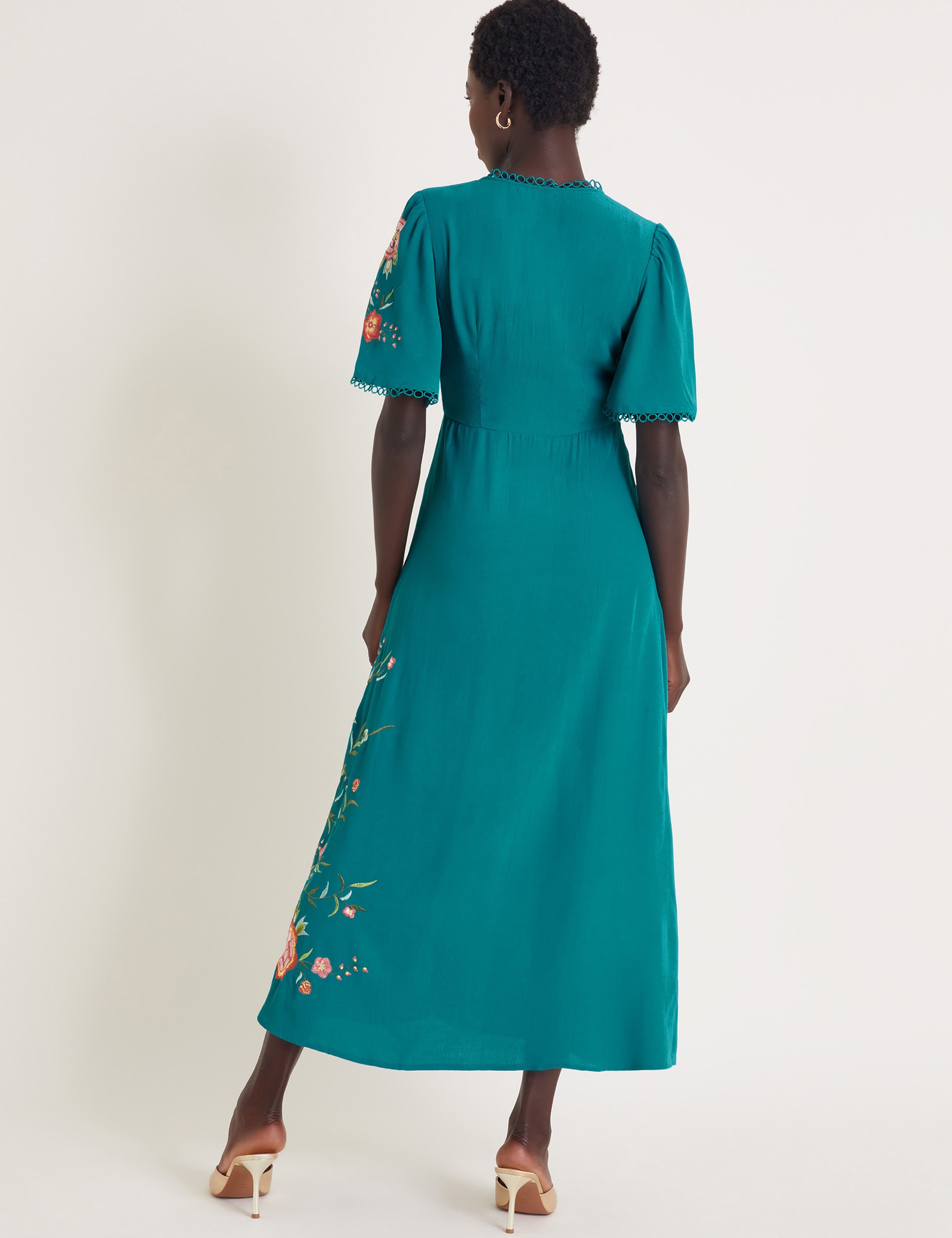 Monsoon Women's Embroidered V-Neck Midi Wrap Dress - 8 - Teal Mix, Teal Mix