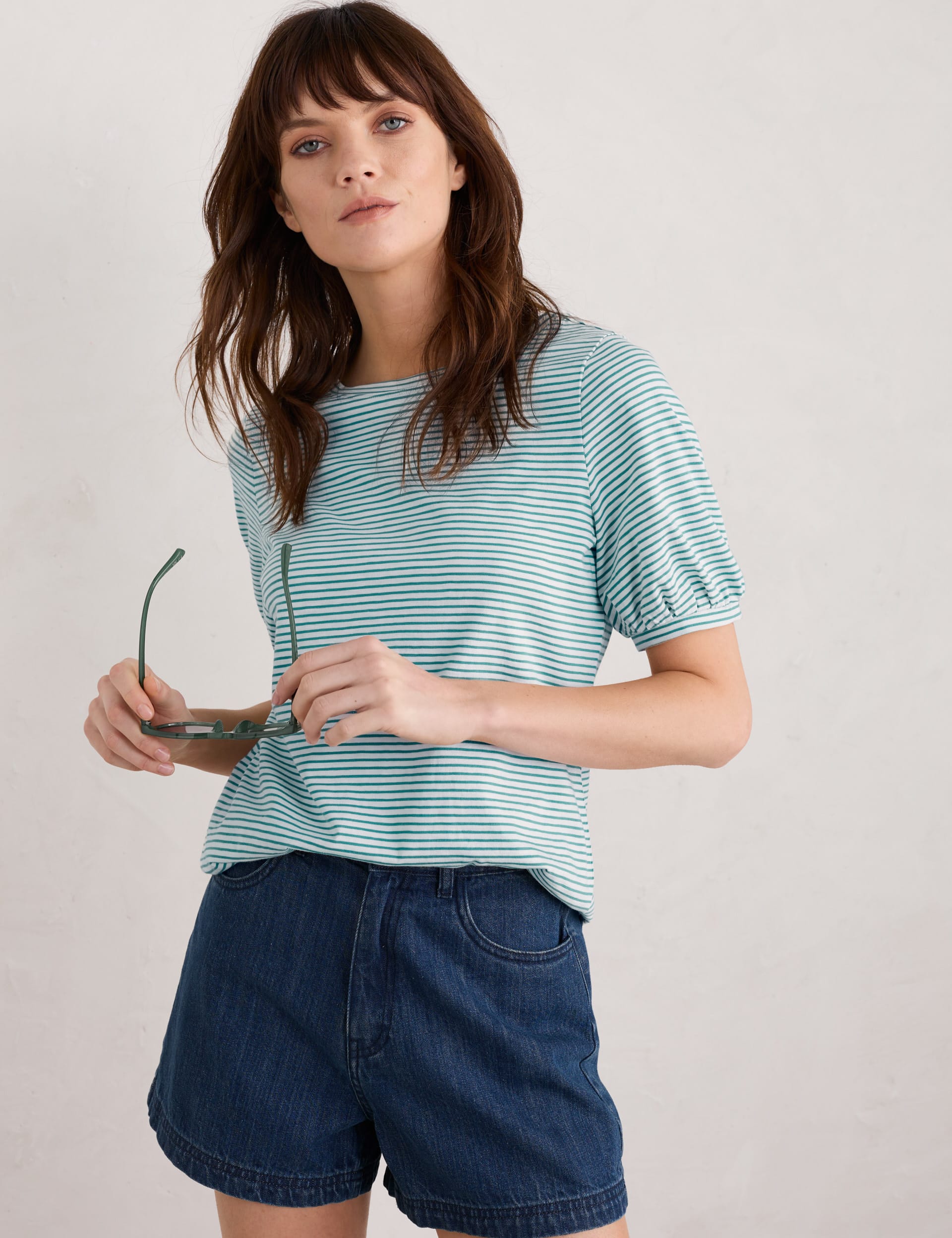 Seasalt Cornwall Women's Pure Cotton Striped Top - 8 - Teal Mix, Teal Mix