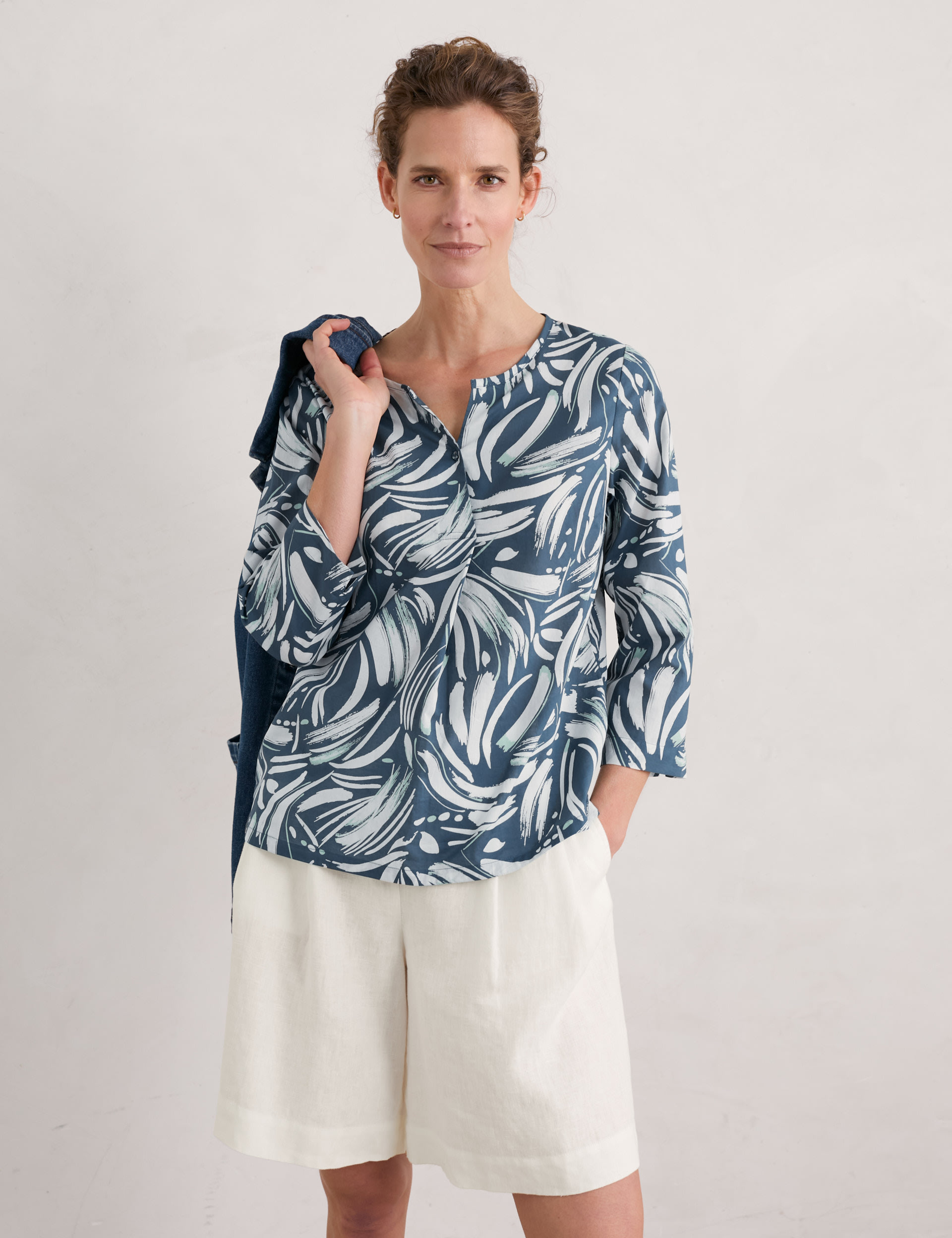 Seasalt Cornwall Women's Pure Cotton Floral V-Neck Blouse - 14 - Blue Mix, Blue Mix